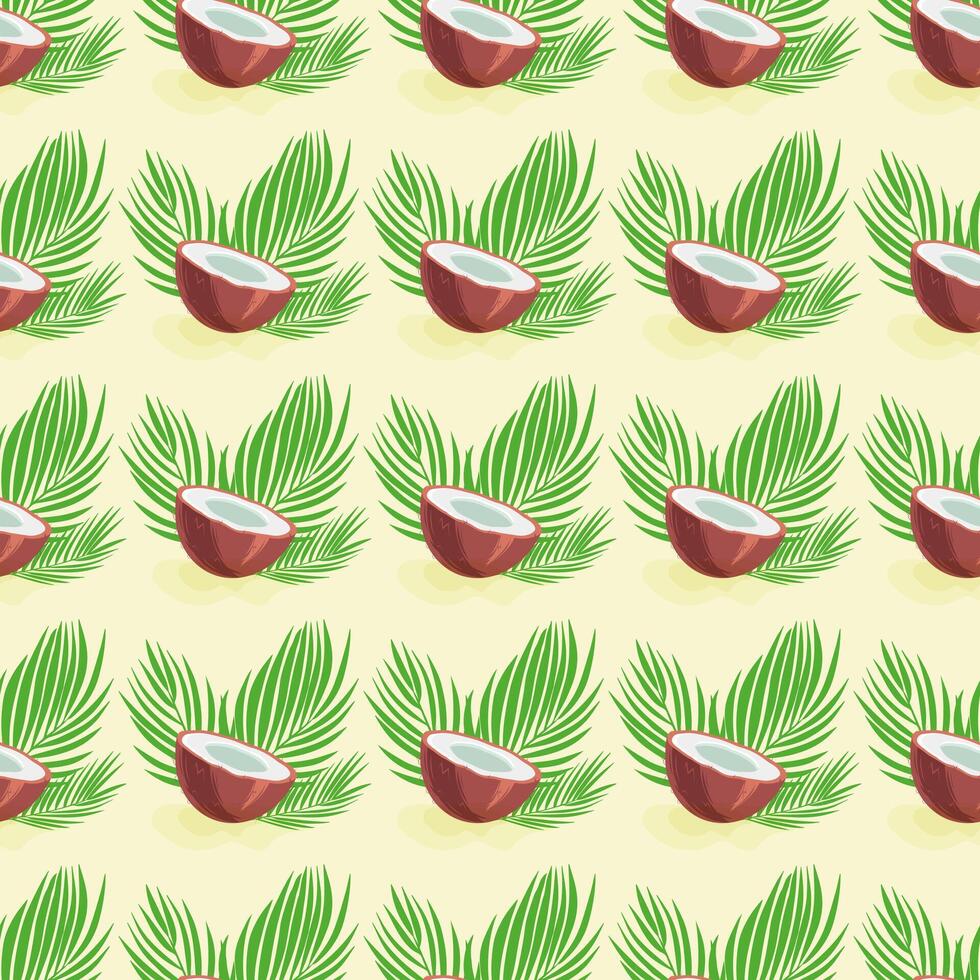 Seamless pattern with half a coconuts and palm leaves. Summer background. Template for fabric, wallpaper, wrapping paper vector