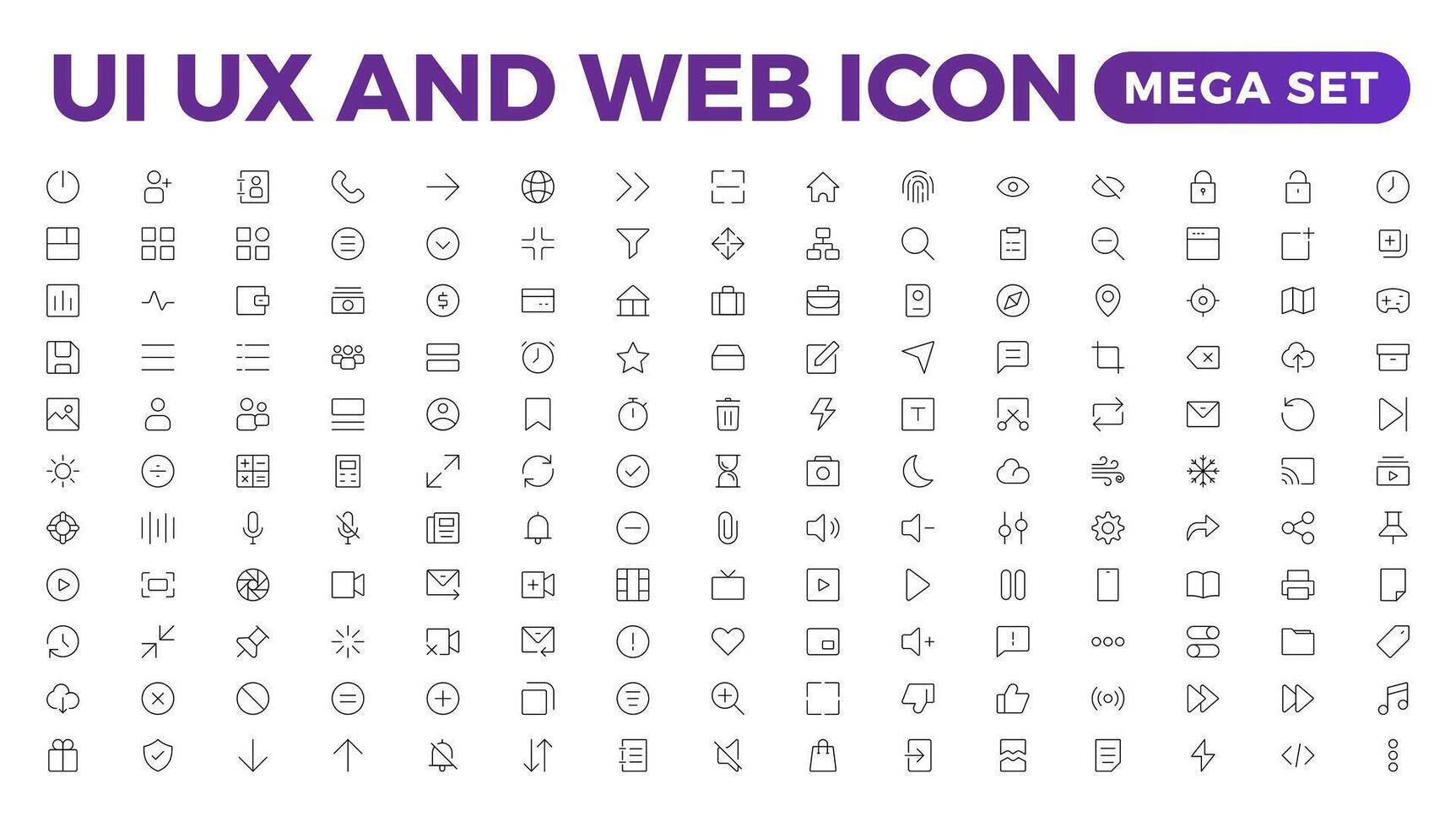 Mega set of ui ux icon set, user interface iconset collection. Basic User Interface Essential Set. 200 Line Outline Icons. For App, Web, Print.Outline icon collection. vector