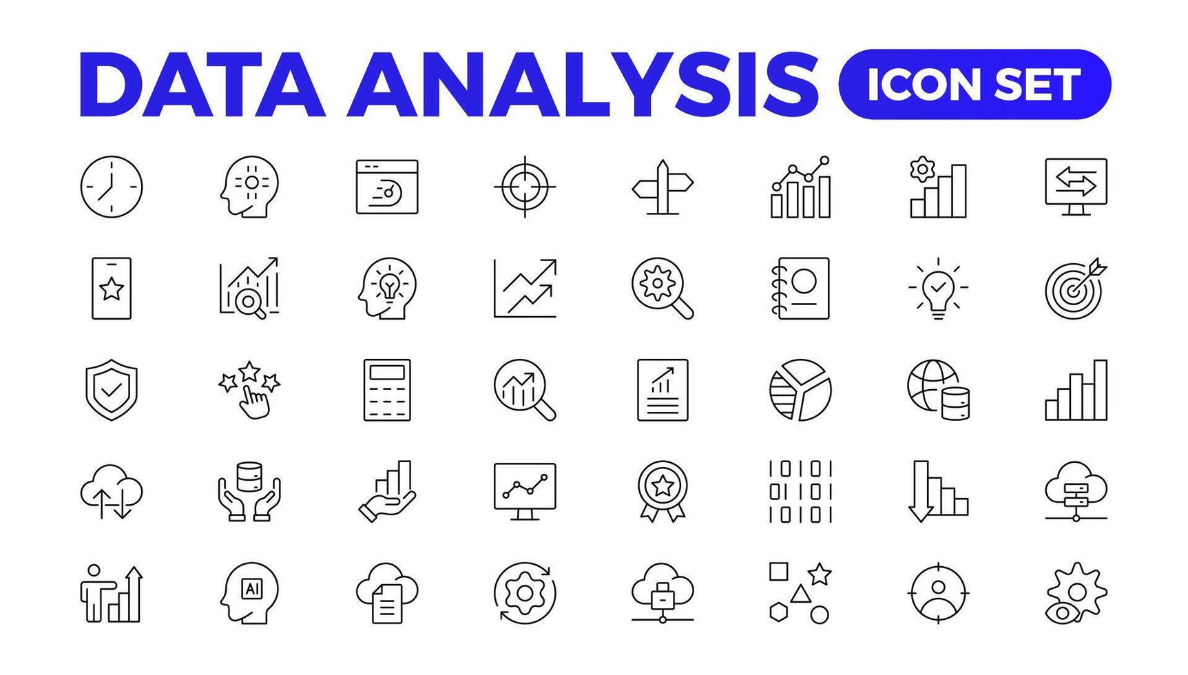 datos analítica icono colocar. grande datos análisis tecnología símbolo. conteniendo base de datos, informática y red iconos sólido íconos colección.datos línea analítica, ai, alojamiento, supervisión. contorno icono vector