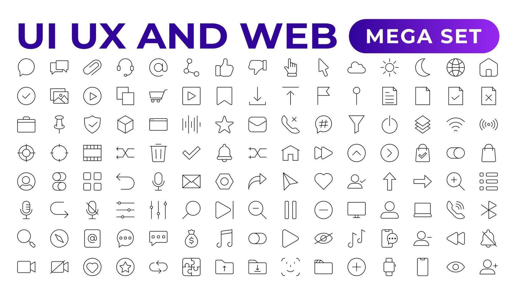 Mega set of ui ux icon set, user interface iconset collection. Basic User Interface Essential Set. 200 Line Outline Icons. For App, Web, Print.Outline icon collection. vector