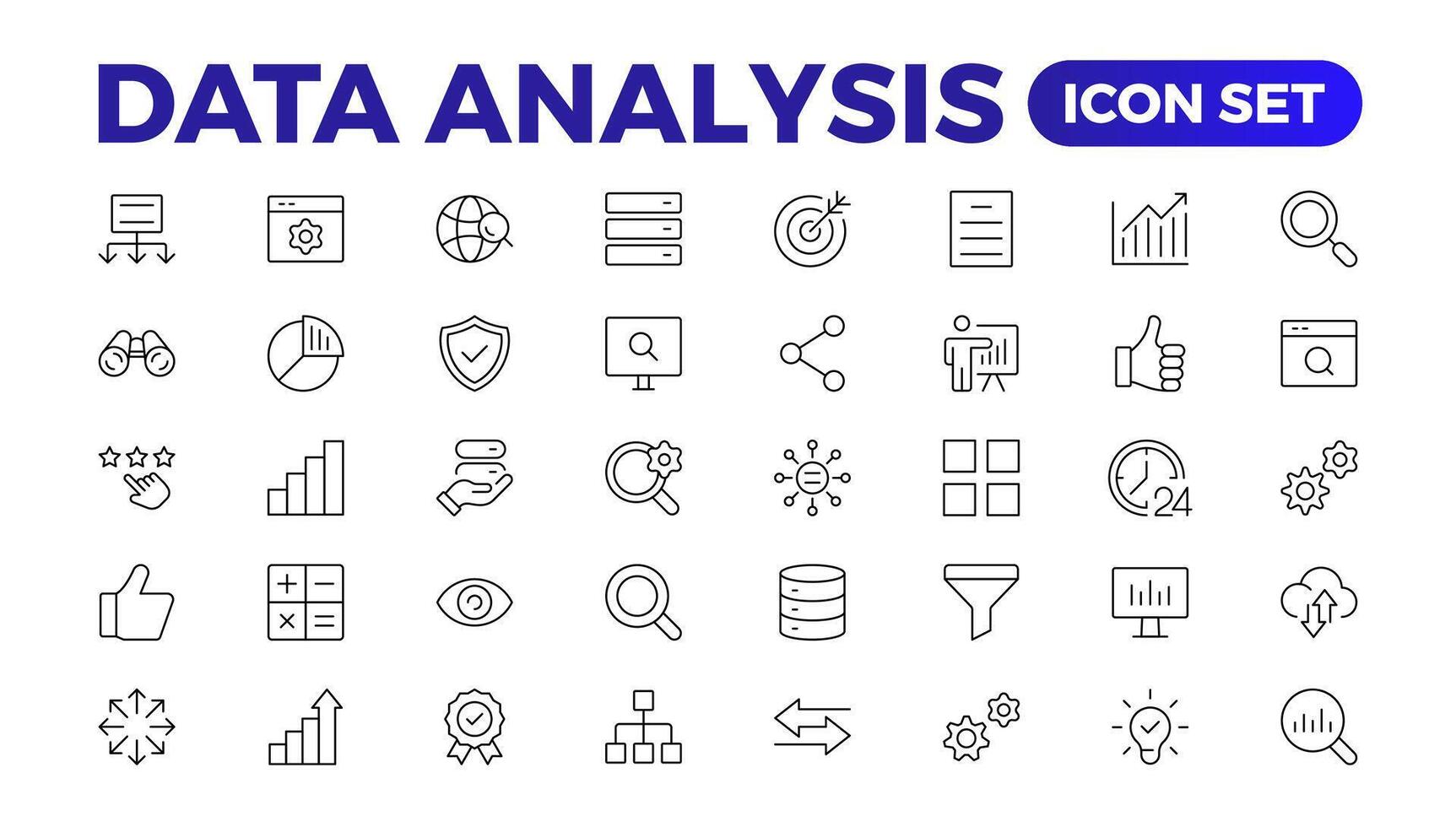 Data analytics icon set. Big data analysis technology symbol. Containing database,computing and network icons. Solid icons collection.Data line Analytics, AI, hosting, monitoring. outline icon vector