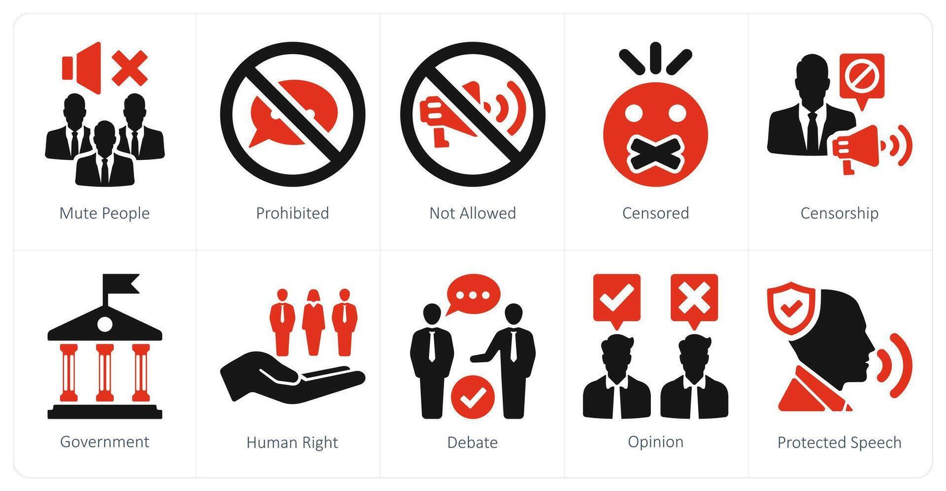 A set of 10 freedom of speech icons as mute people, prohibited, not allowed vector