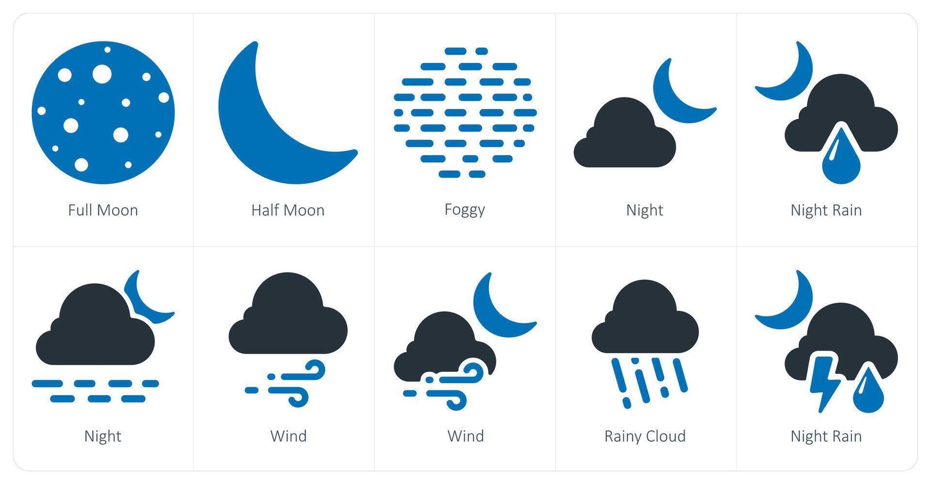 un conjunto de 10 clima íconos como lleno luna, medio luna, brumoso vector