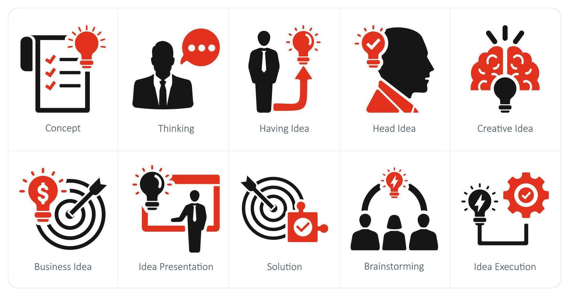 A set of 10 idea icons as thinking, having idea, head idea vector