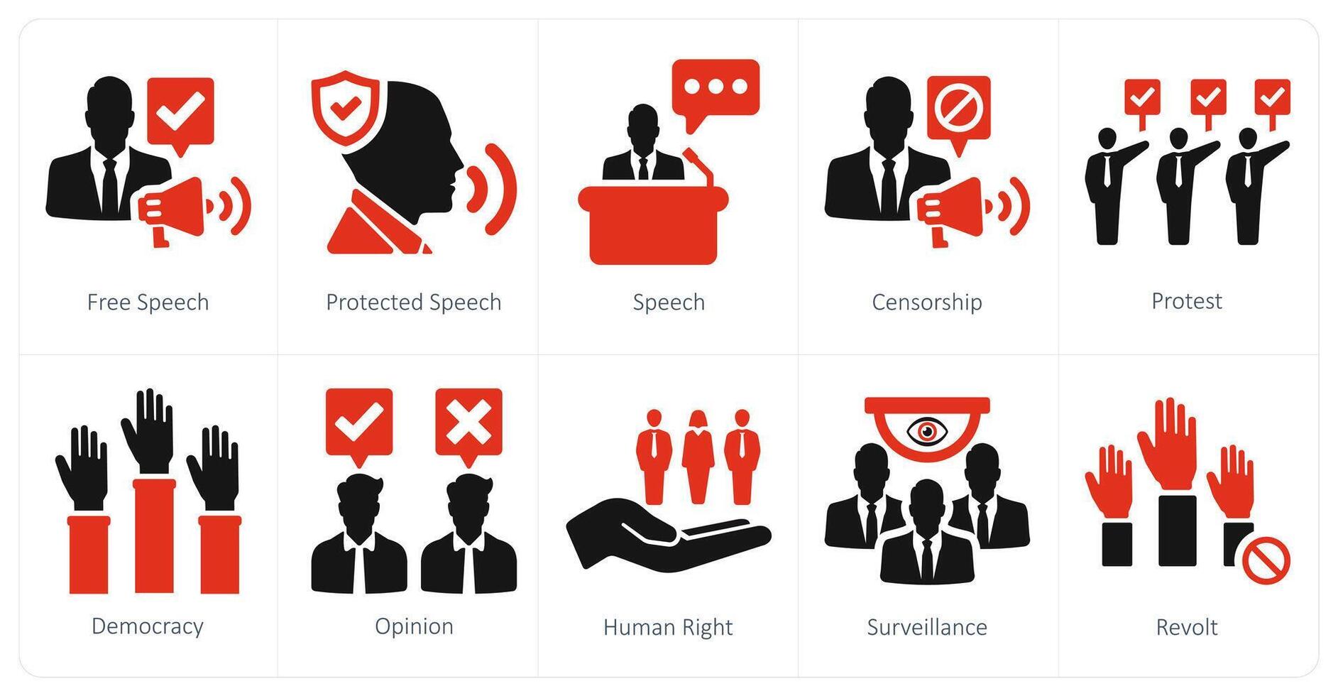 A set of 10 freedom of speech icons as free speech, protected speech, speech vector