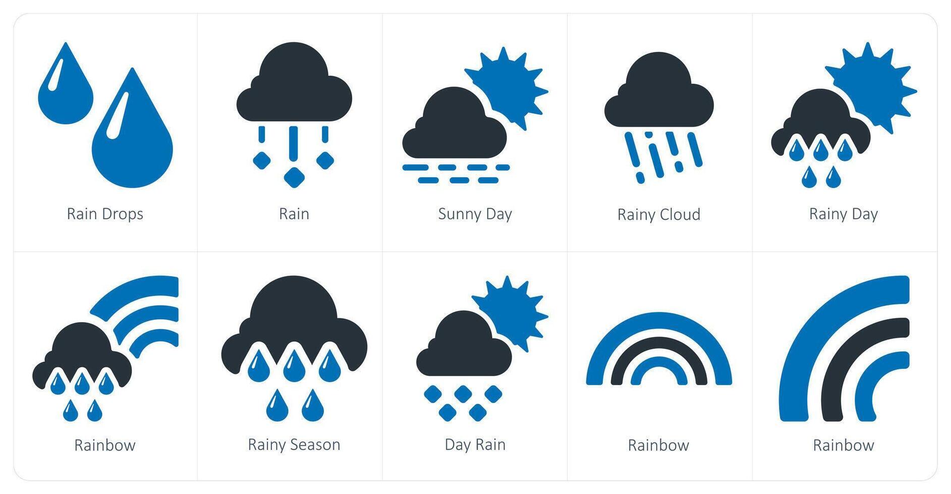 A set of 10 Weather icons as rain drops, rain, sunny day vector