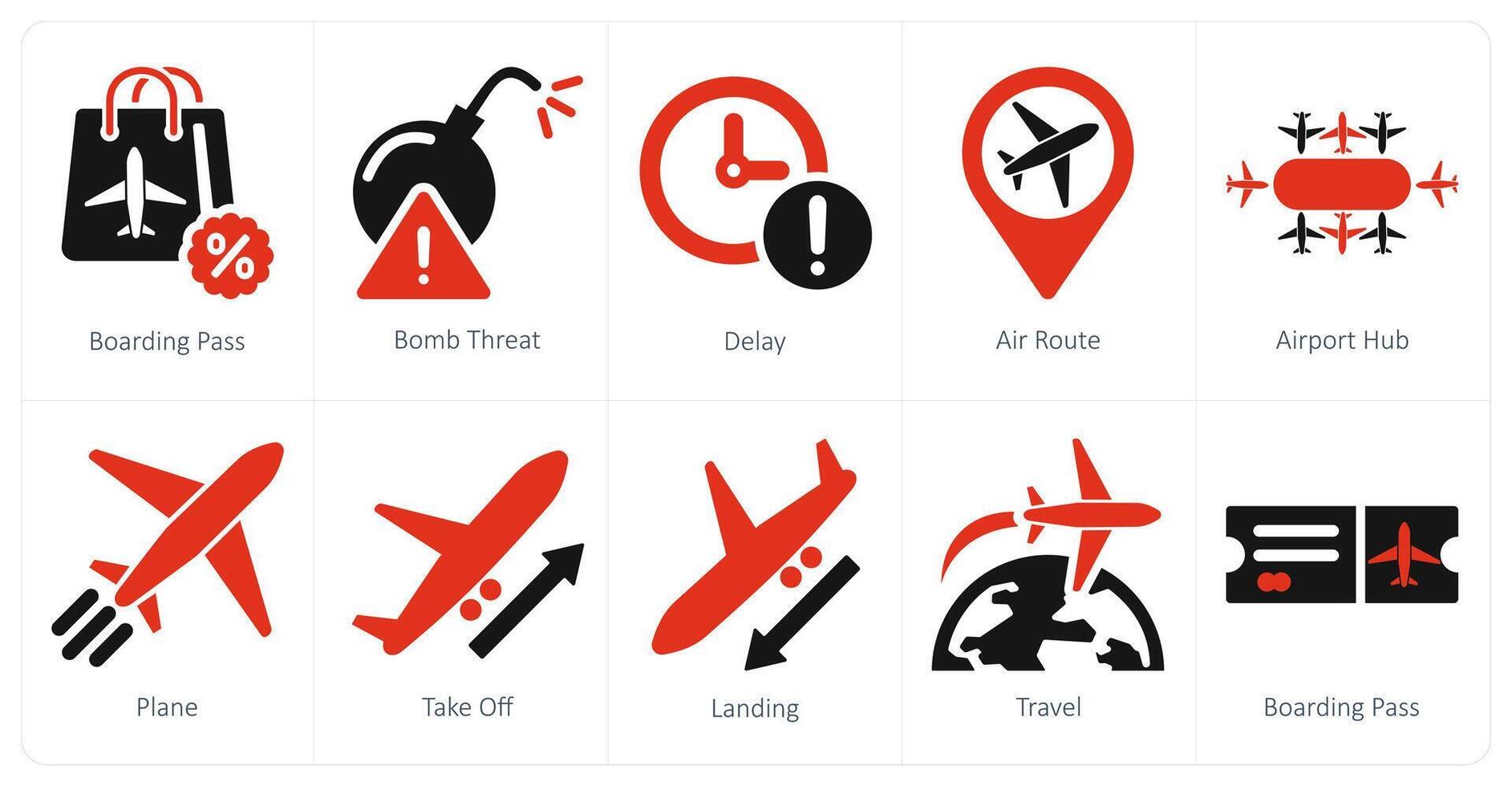 A set of 10 airport icons as boarding pass, bomb threat, delay vector
