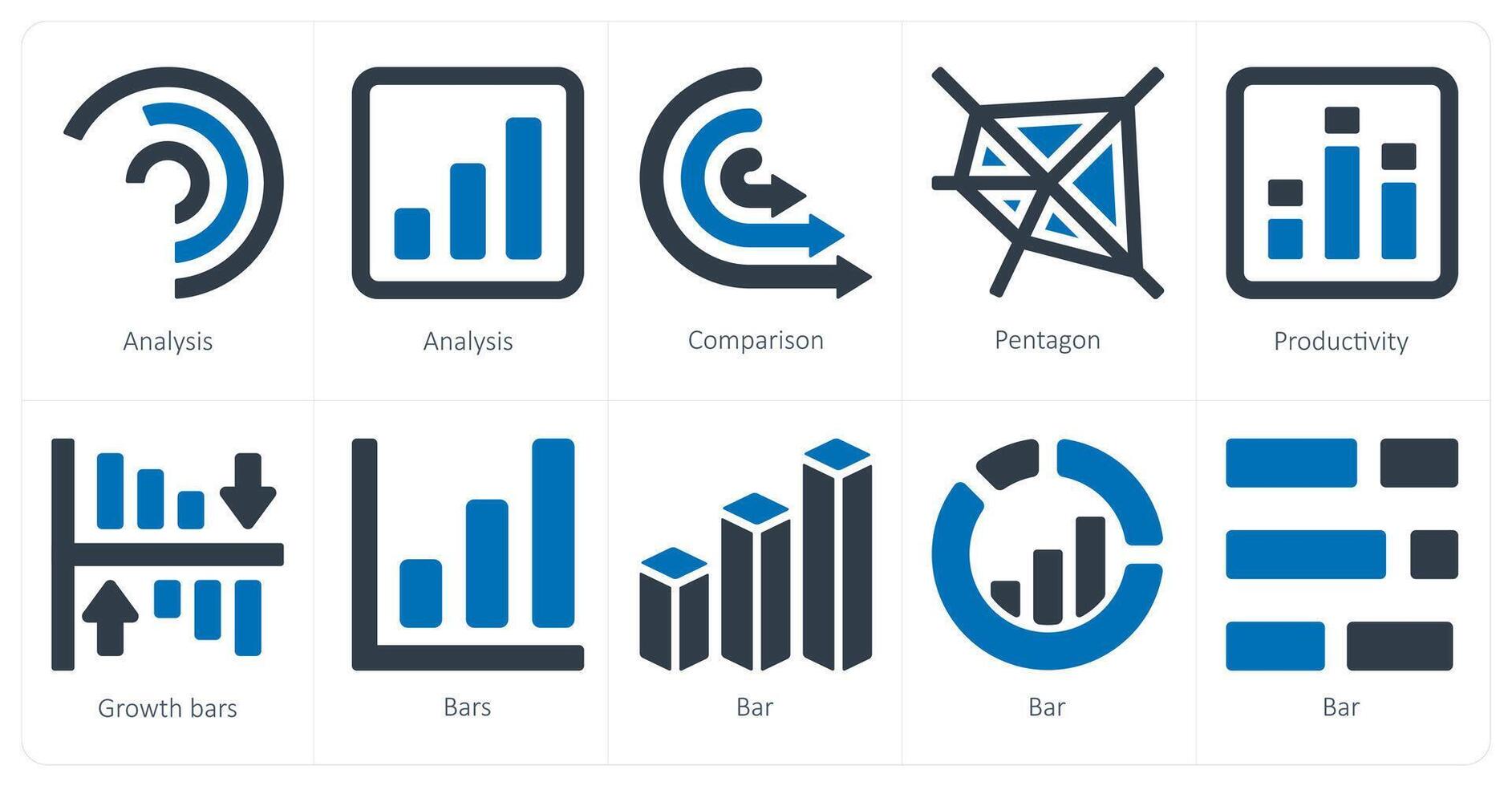 un conjunto de 10 diagramas y informes íconos como análisis, comparación, pentágono vector