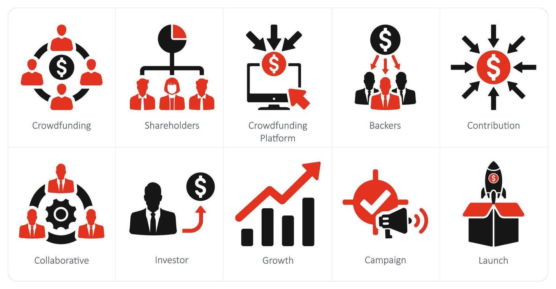 A set of 10 crowdfunding icons as crowdfunding, shareholders, crowdfunding platform vector
