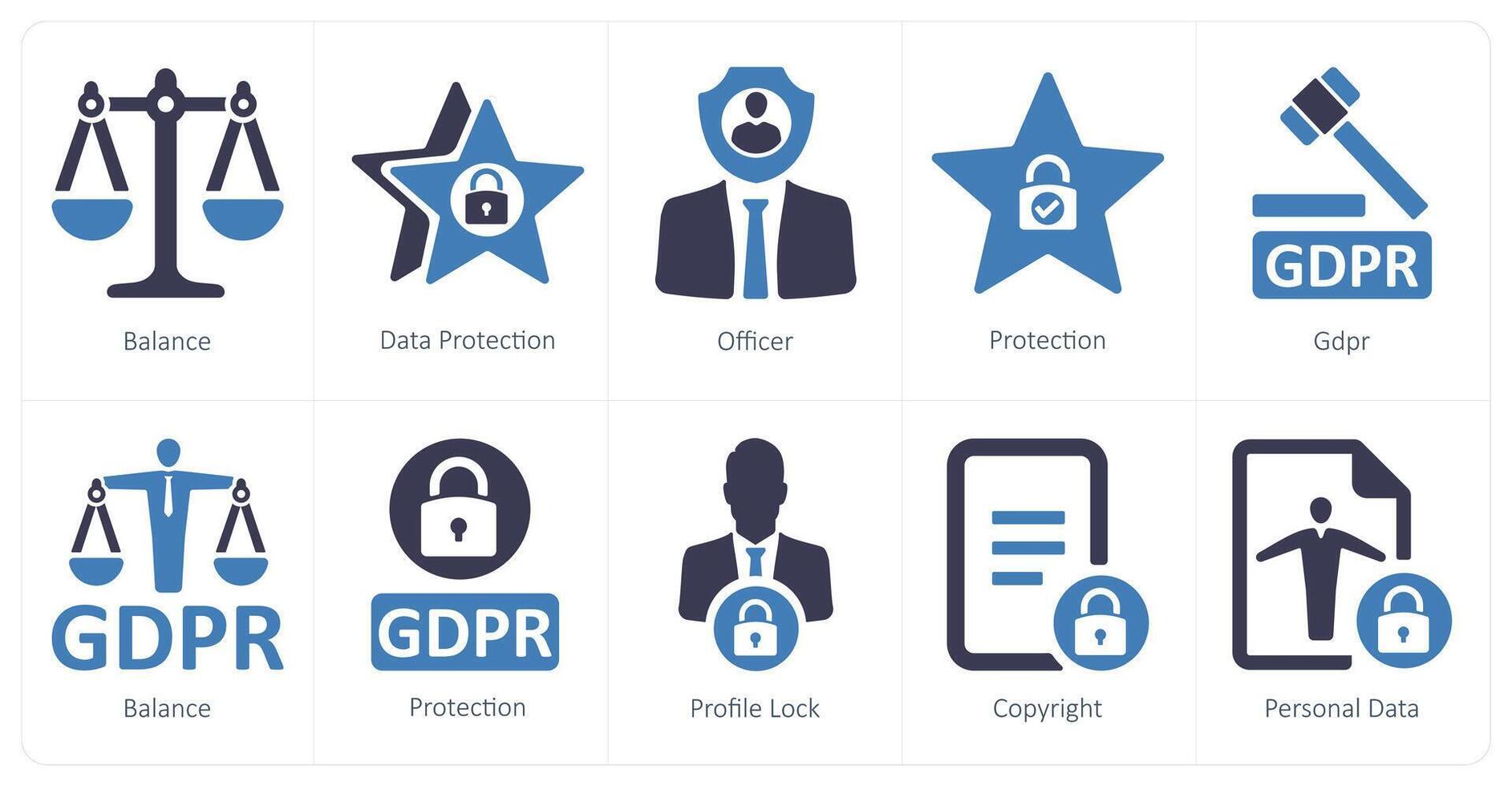 A set of 10 gdpr icons as balance, data protection, officer vector