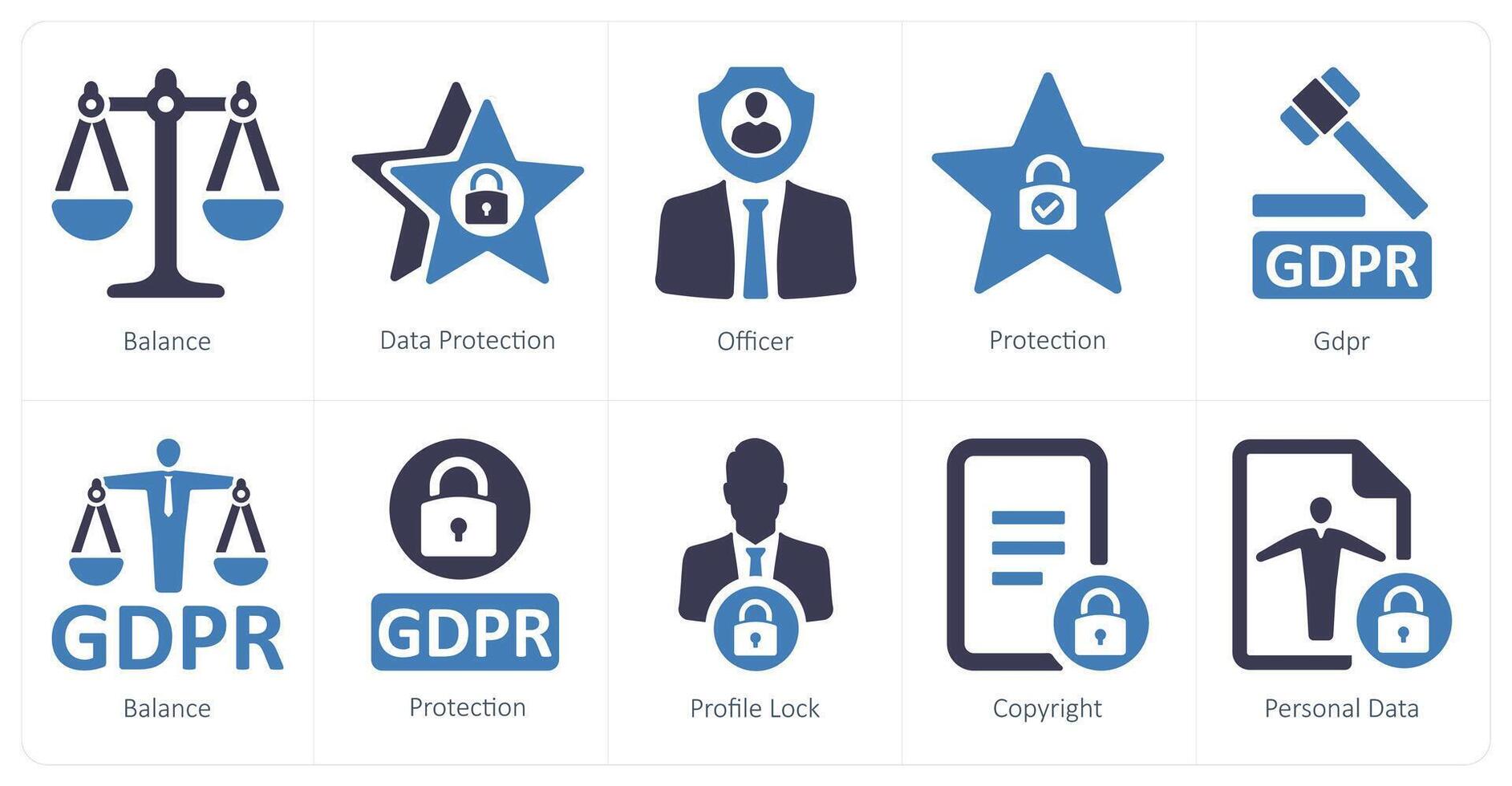 un conjunto de 10 gdpr íconos como balance, datos proteccion, oficial vector