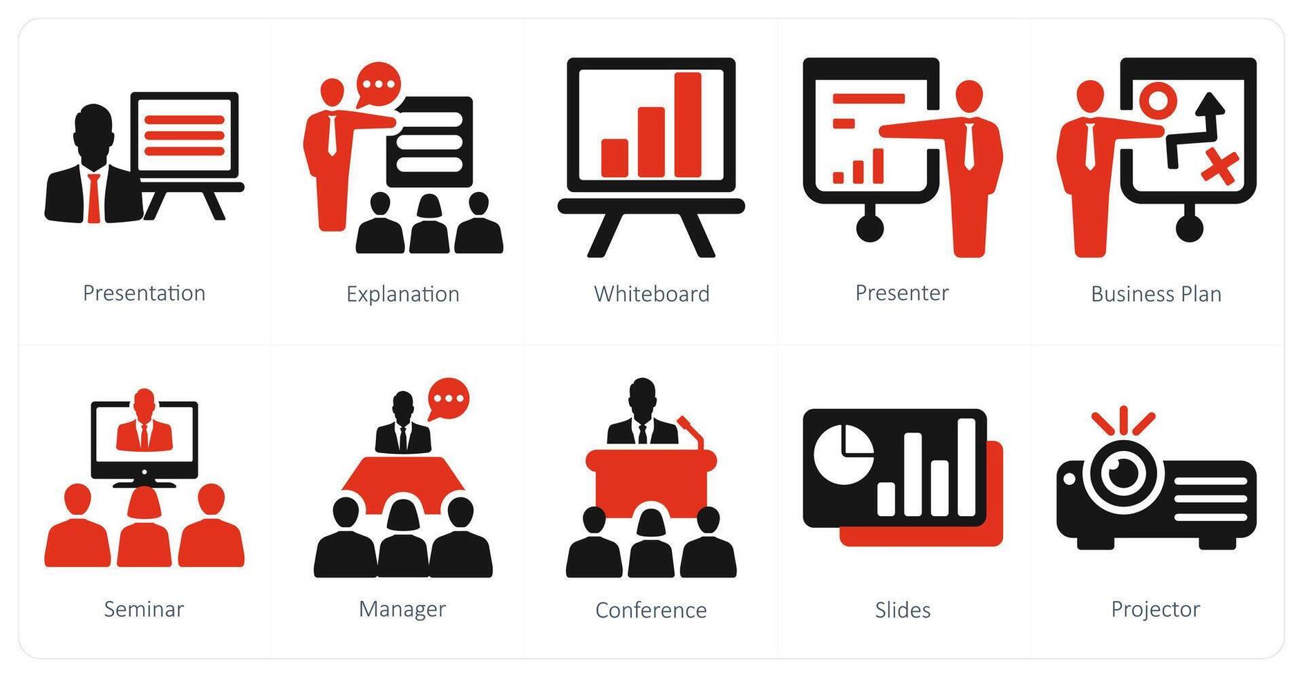A set of 10 business presentation icons as presentation, explanation, white board vector