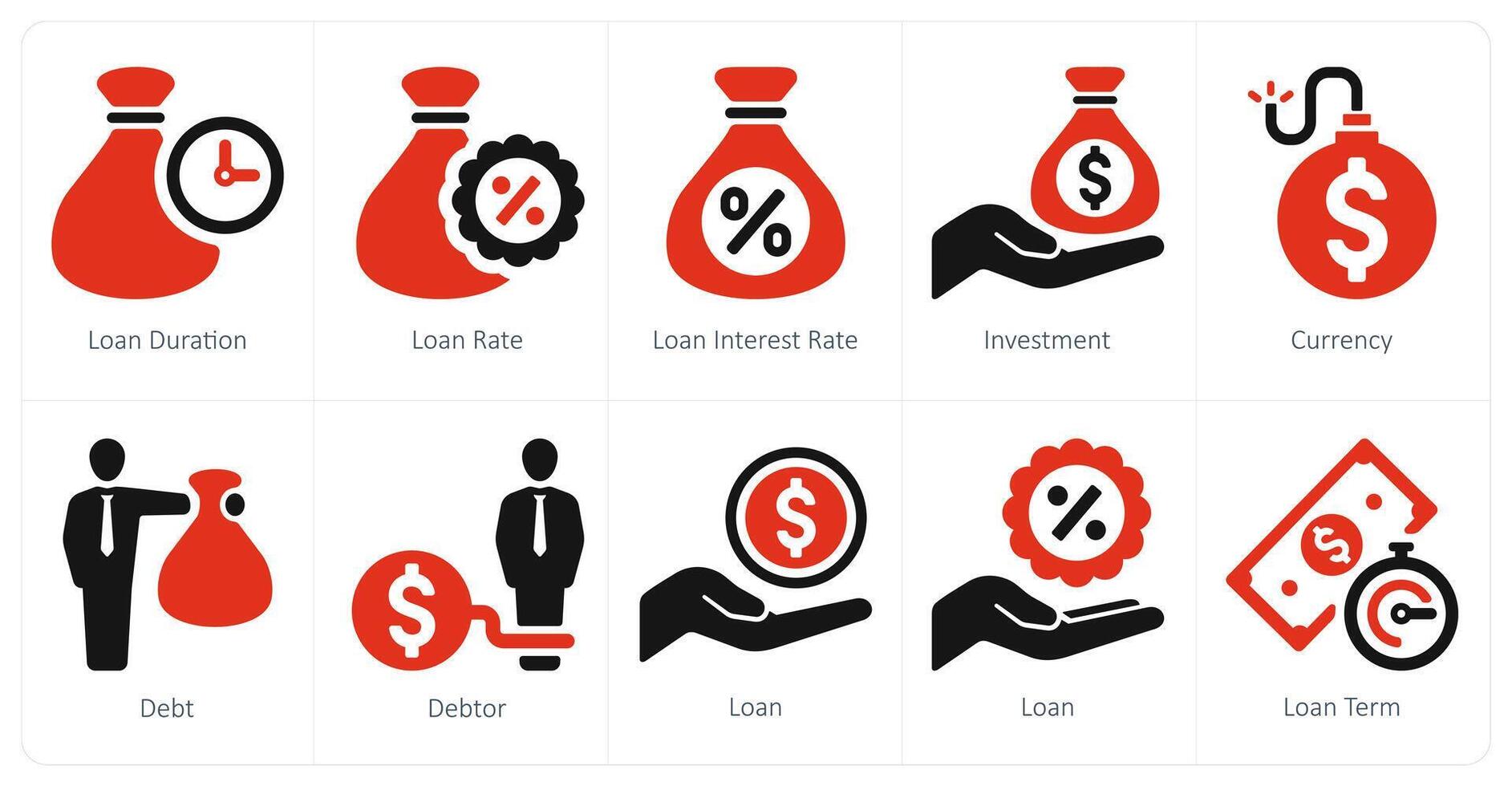 A set of 10 Loan and Debt icons as loan duration, loan rate, loan interest rate vector