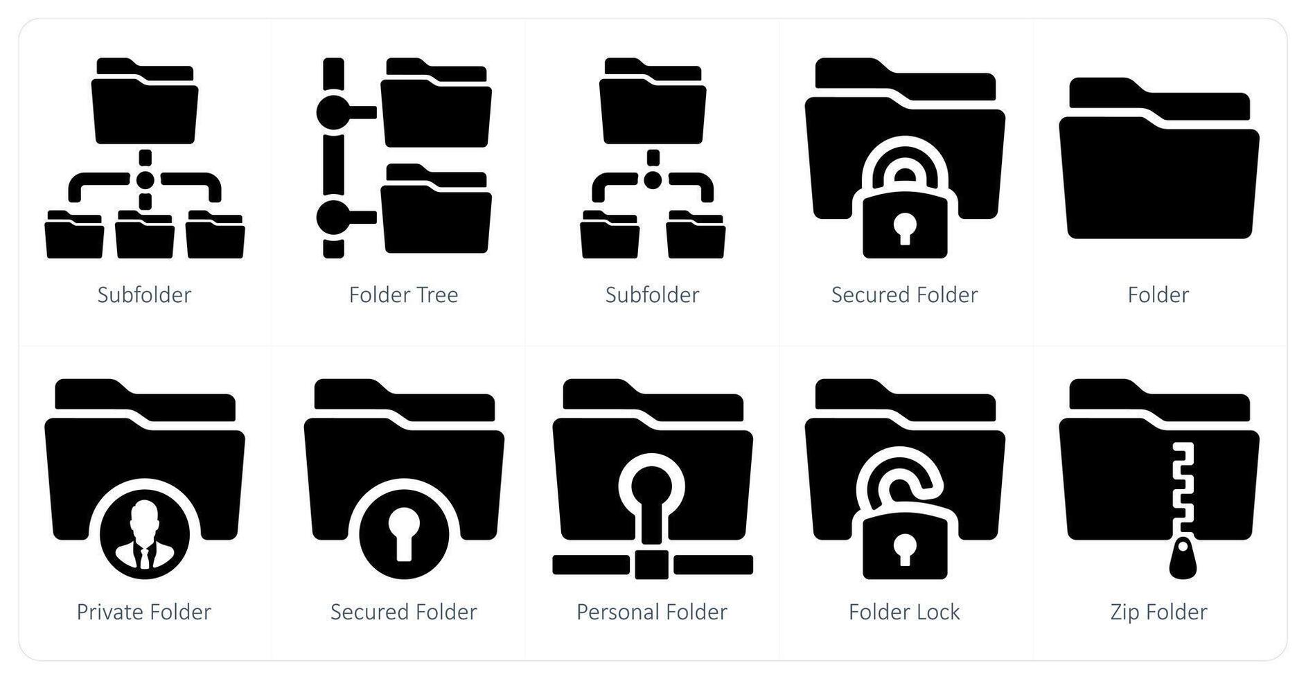 A set of 10 Folder icons as sub folder, folder tree, secured folder vector