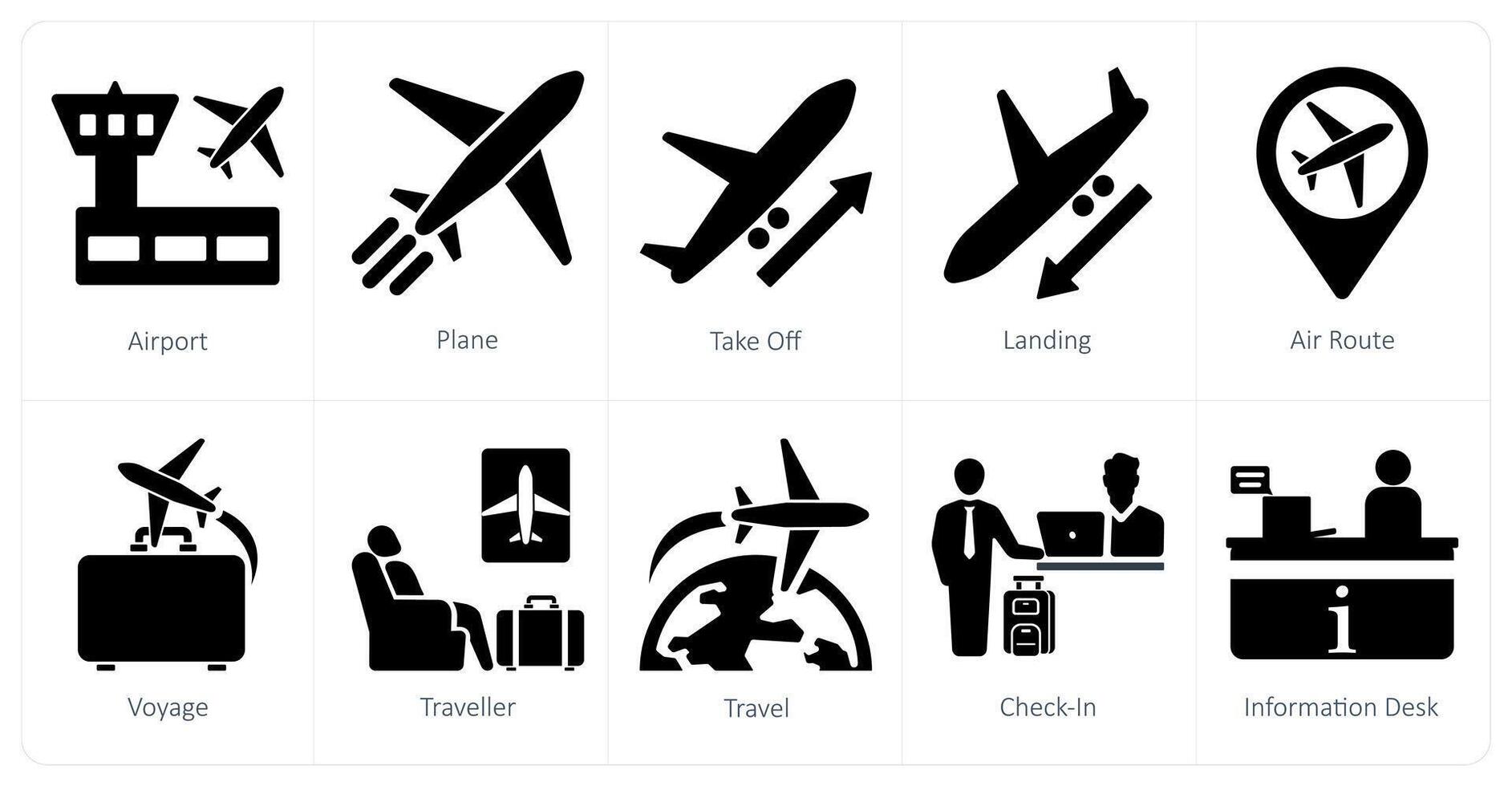 un conjunto de 10 aeropuerto íconos como aeropuerto, avión, quitarse vector