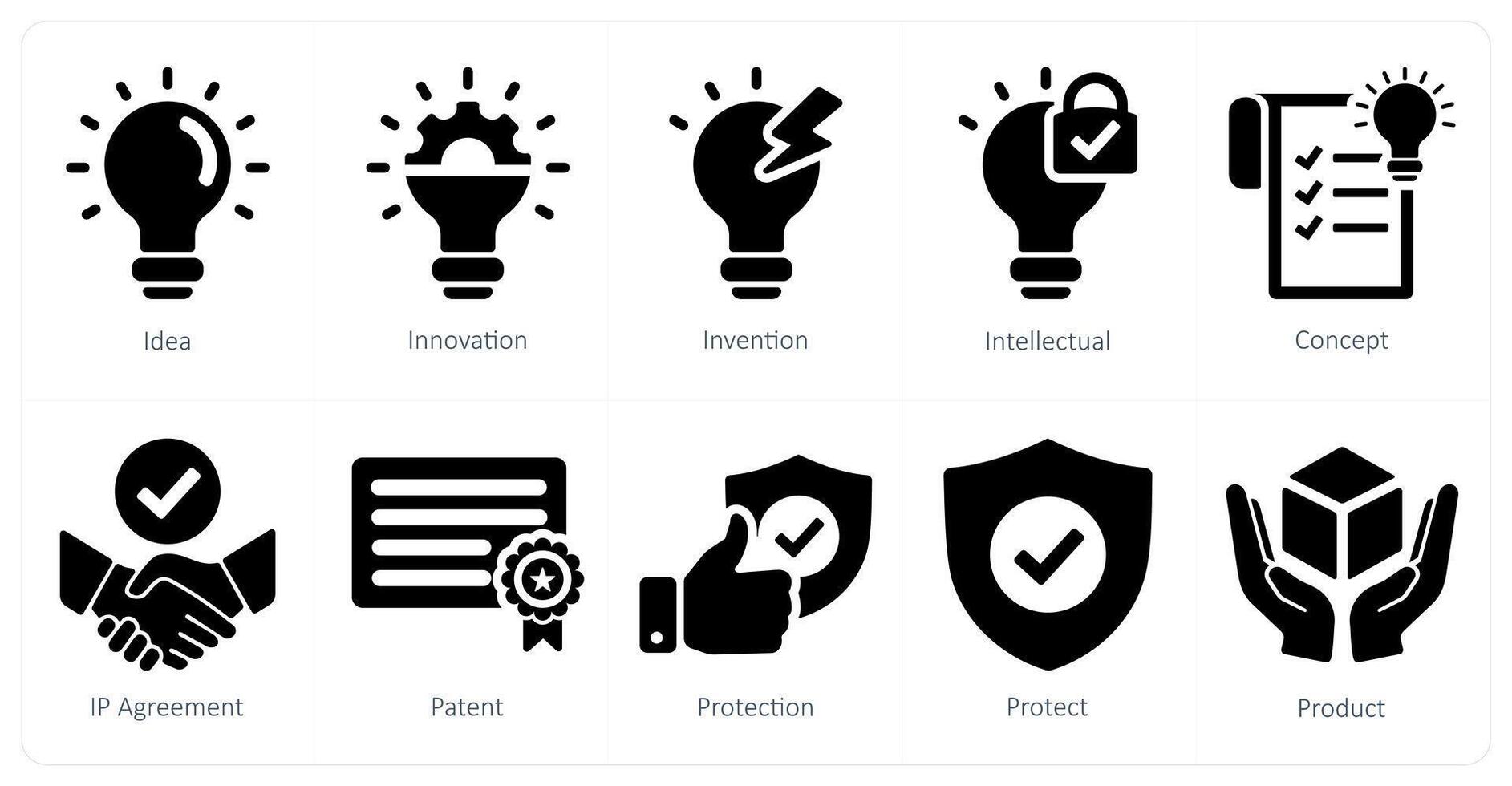 un conjunto de 10 intelectual propiedad íconos como idea, innovación, invención vector