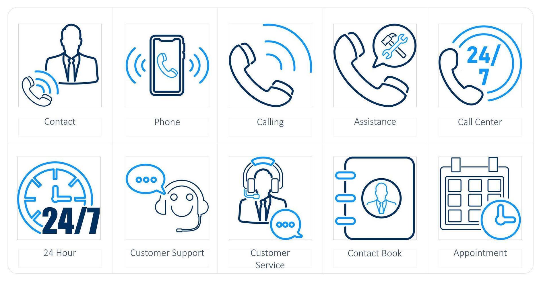 A set of 10 contact icons as contact, phone, calling vector