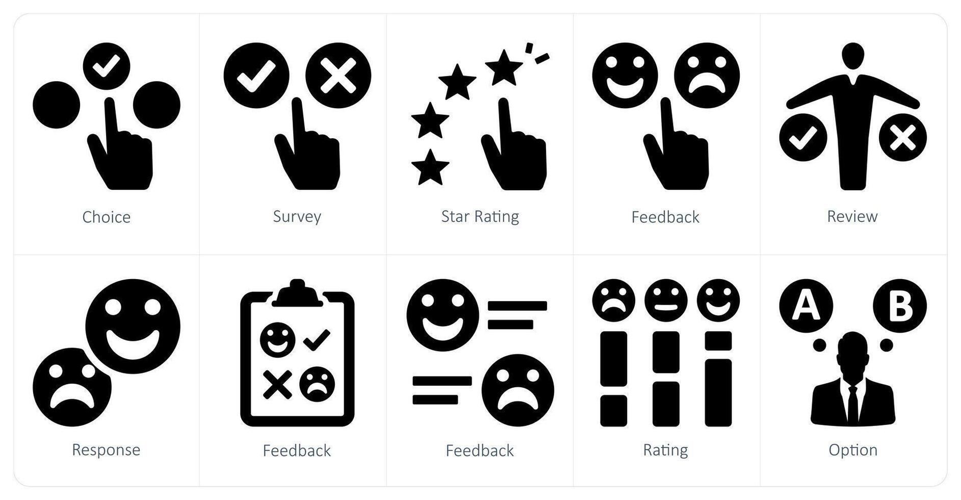 A set of 10 survey and ratings icons as choice, survey, star rating vector