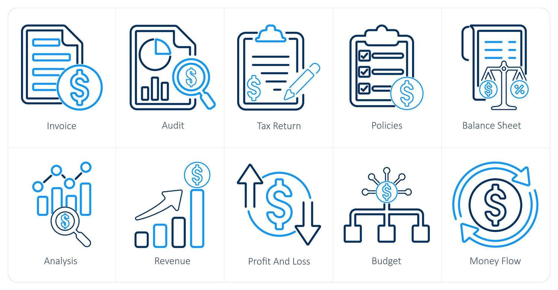 A set of 10 accounting icons as invoice, audit, tax return vector