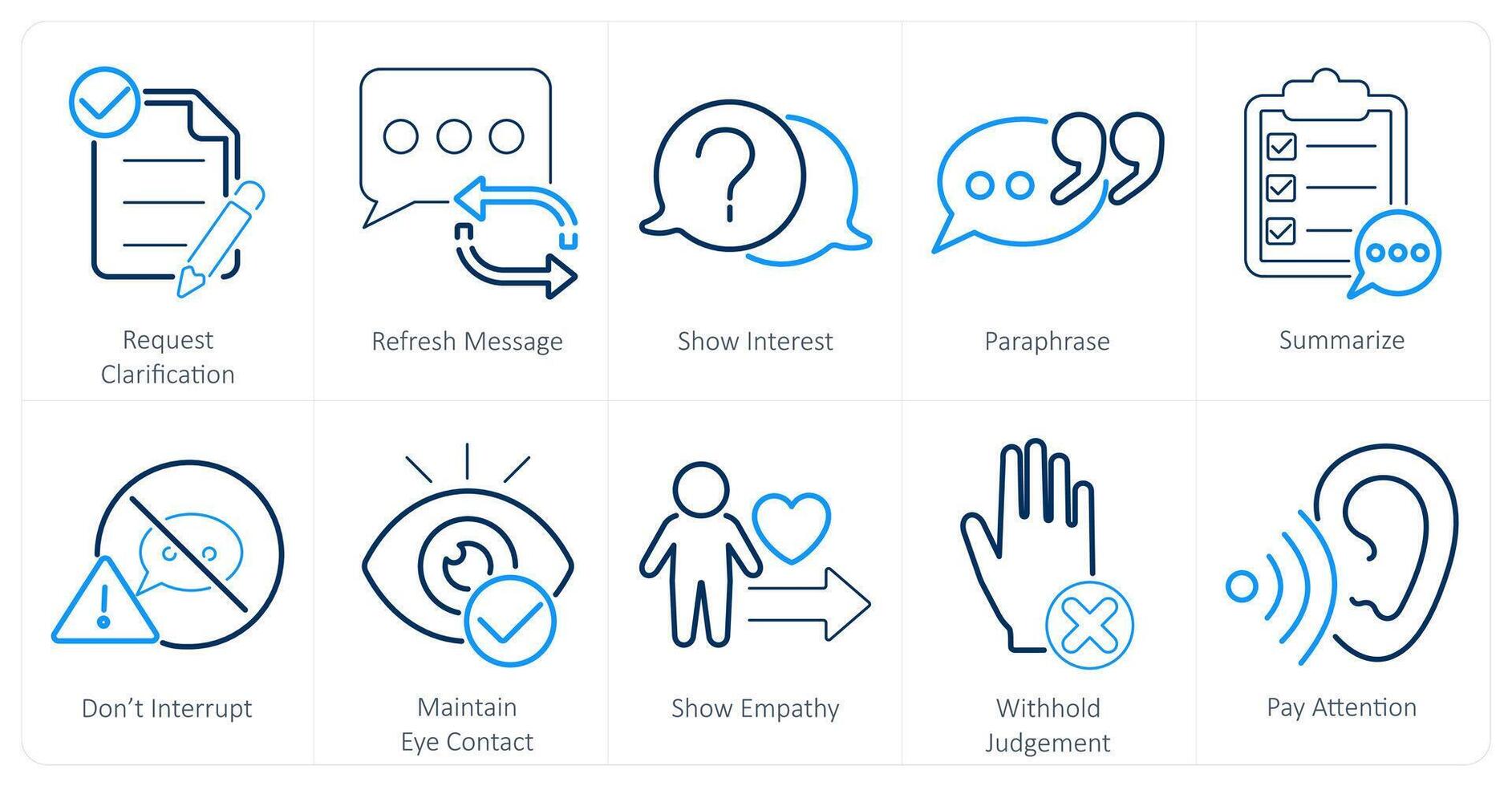 A set of 10 active listening icons as request clarification, refresh message, show interest vector