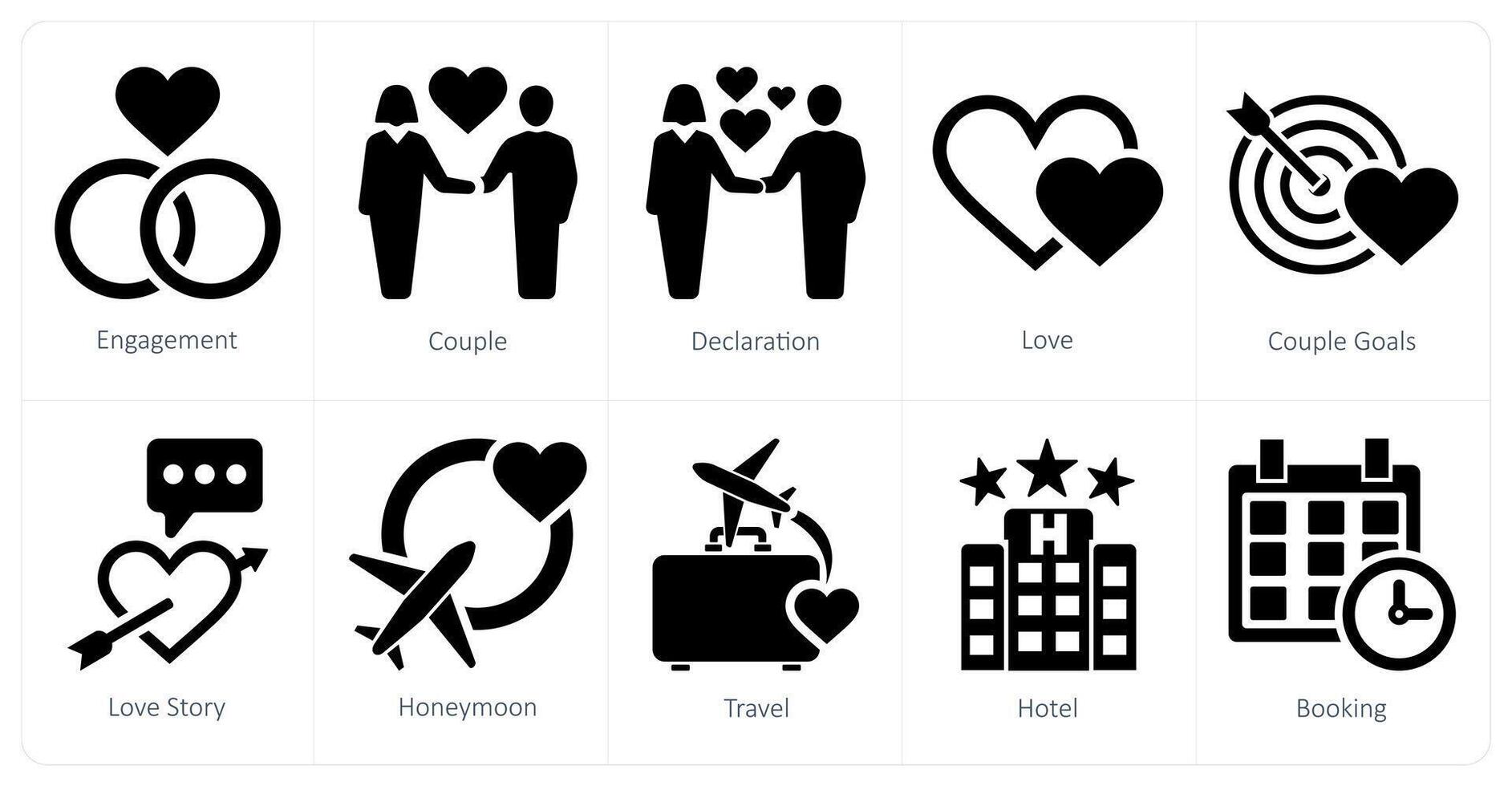 A set of 10 honeymoon icons as engagement, couple, declaration vector