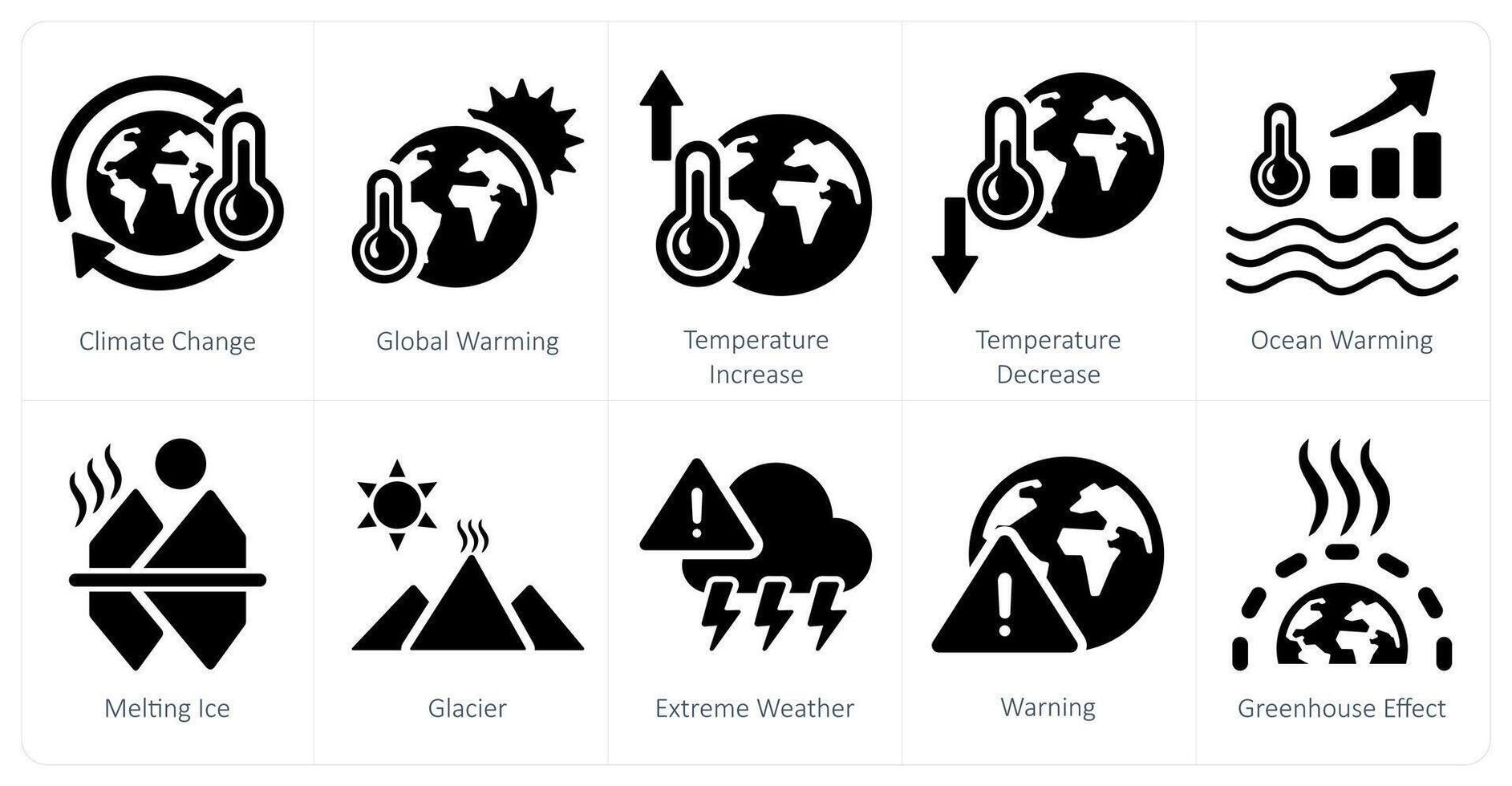 A set of 10 climate change icons as climate change, global warming, temperature increase vector