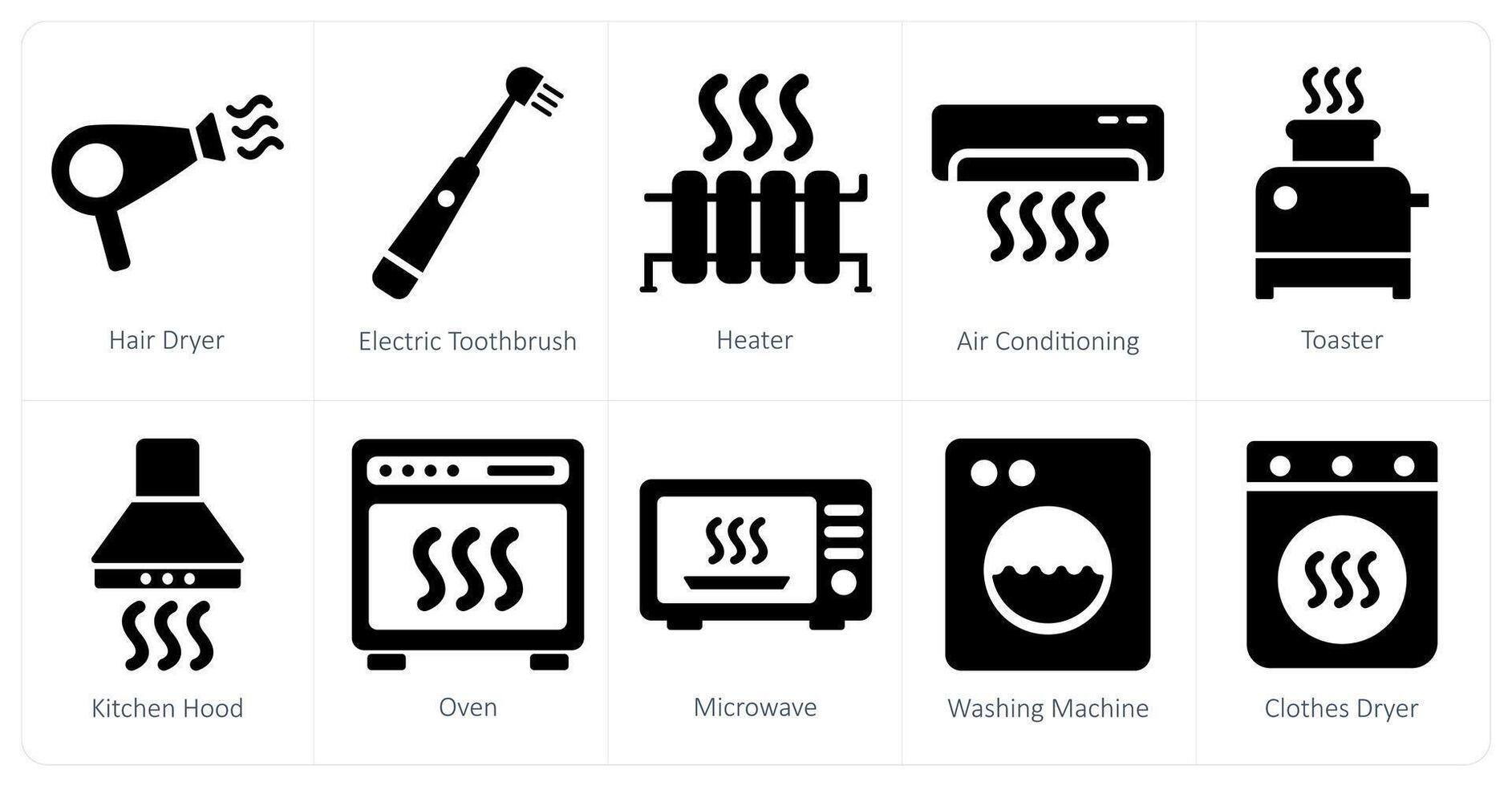 A set of 10 home appliances icons as hair dryer, electric toothbrush, heater vector