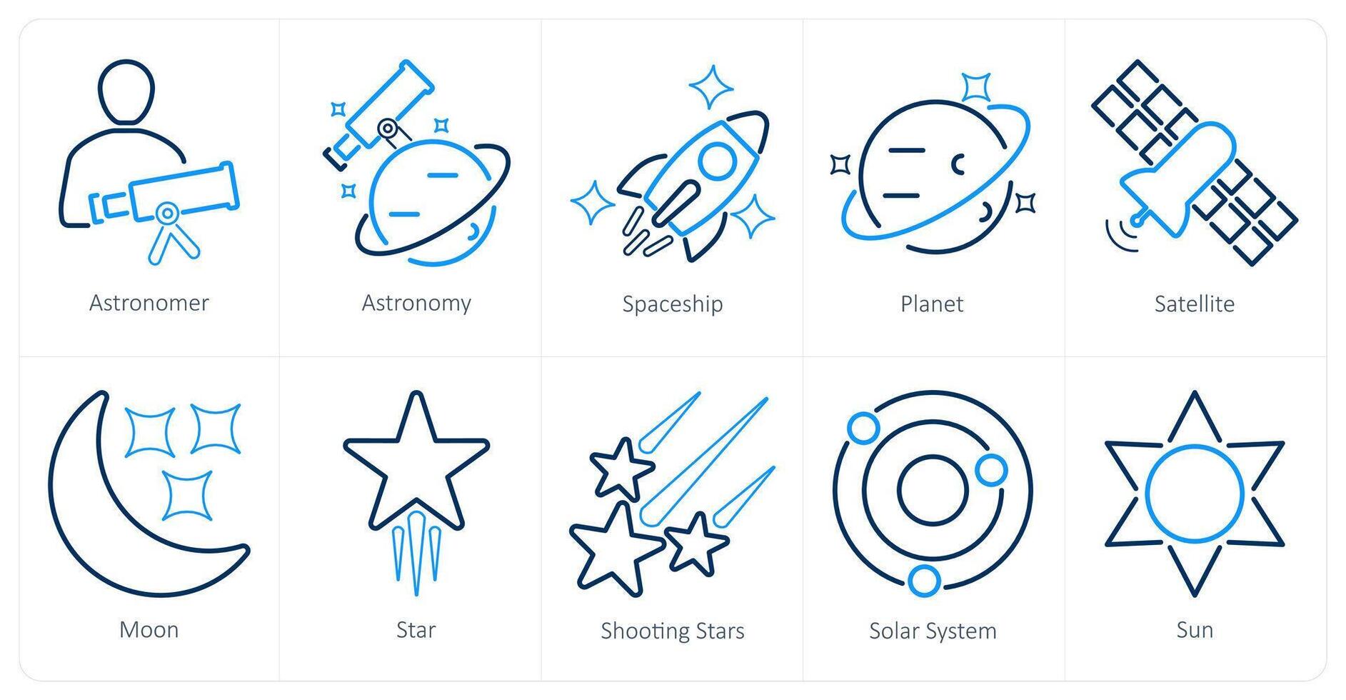 A set of 10 astronomy icons as astronomer, astronomy, spaceship vector