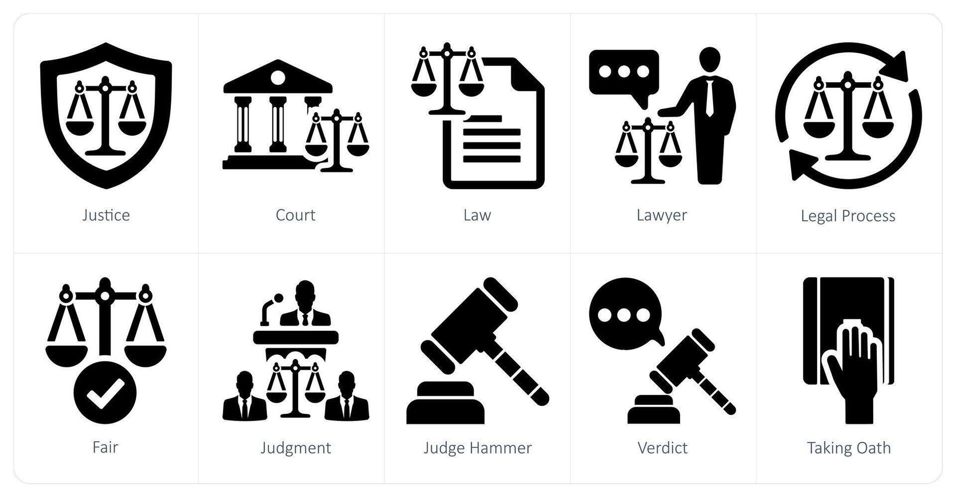 A set of 10 justice icons as justice, court, law vector