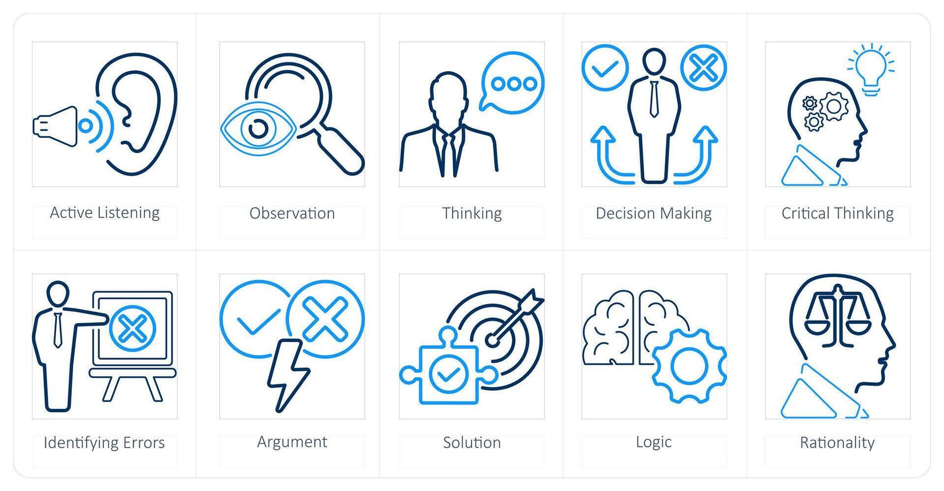 un conjunto de 10 crítico pensando íconos como activo escuchando, observación, pensando vector