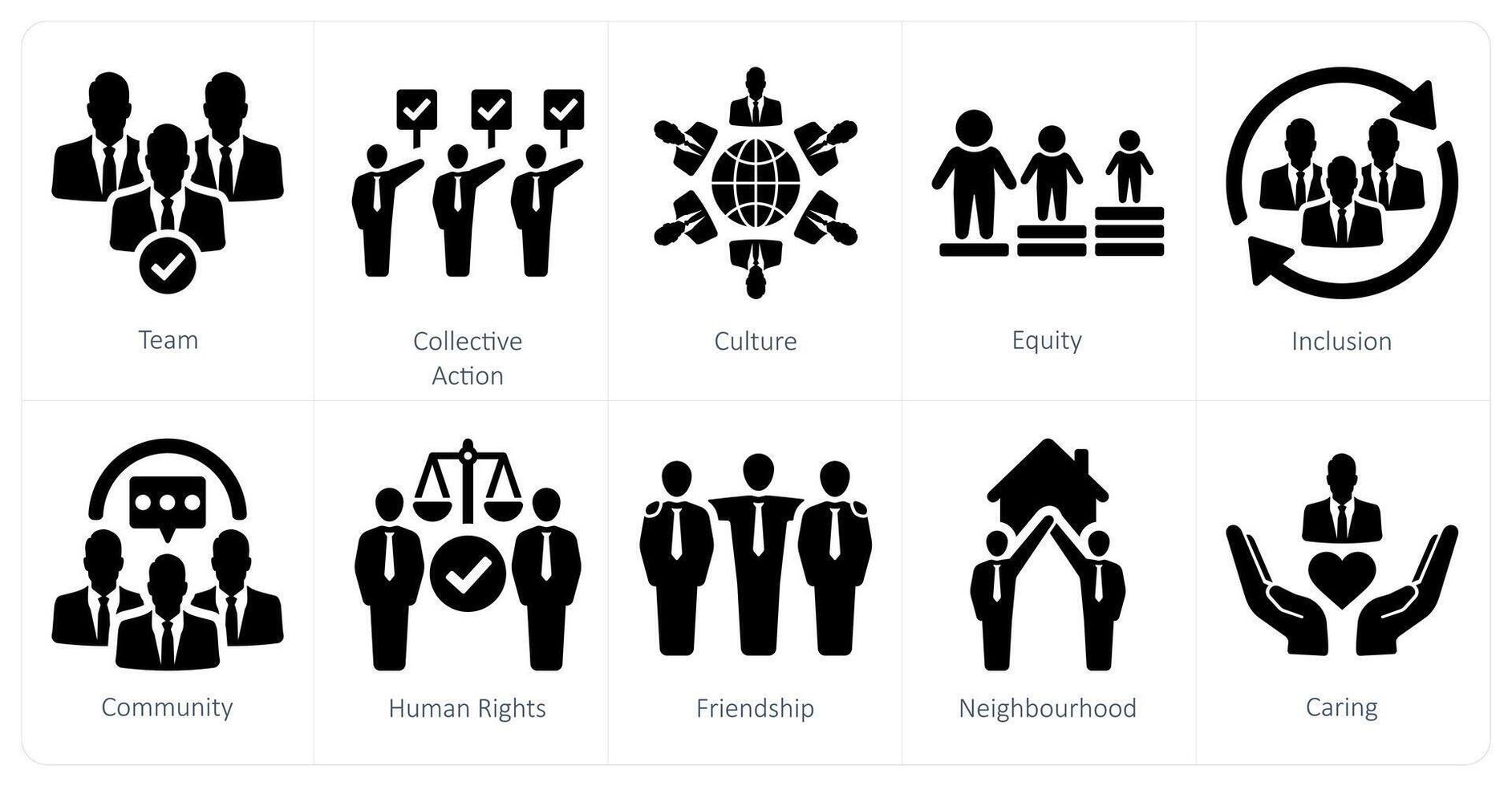 A set of 10 community icons as team, collective action, culture vector