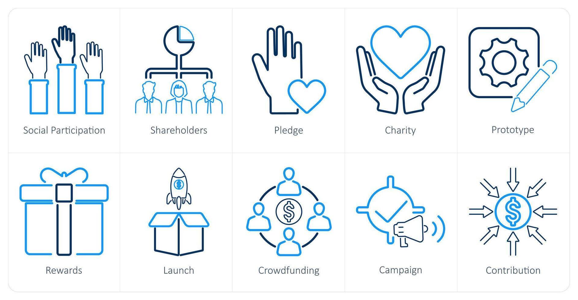 A set of 10 crowdfunding icons as social participation, shareholders, pledge, vector