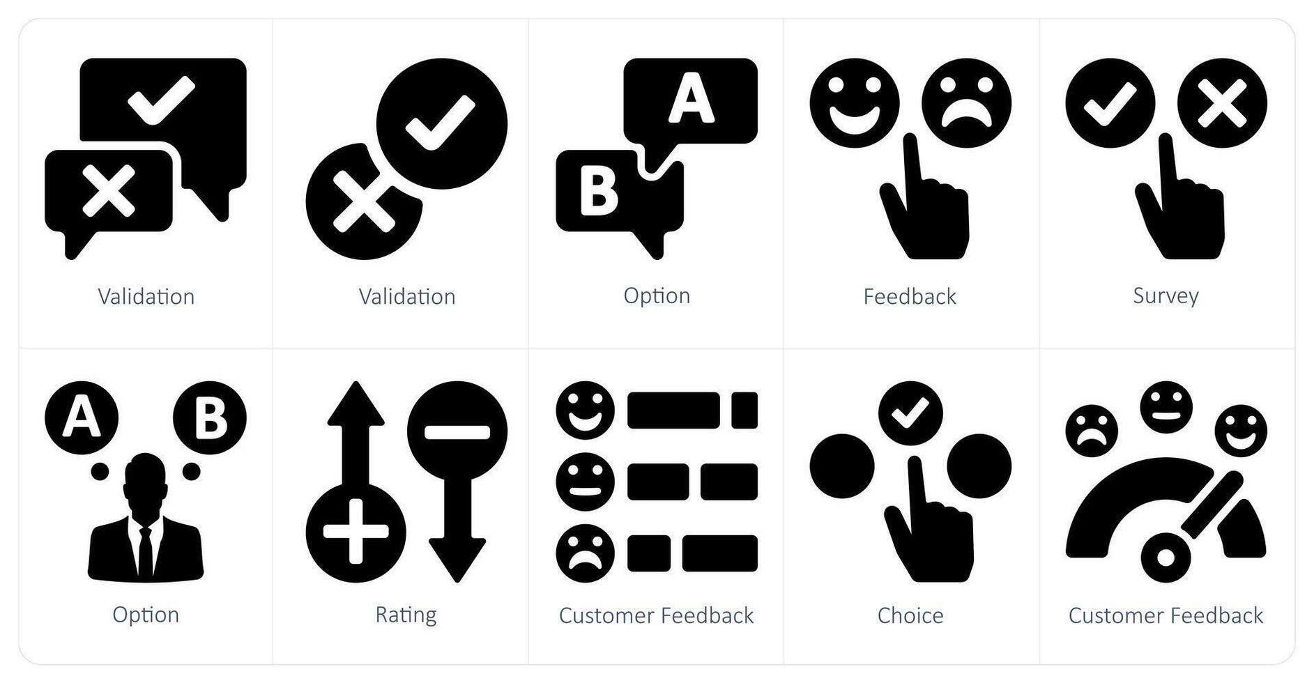 A set of 10 survey and ratings icons as validation, option, feebback vector
