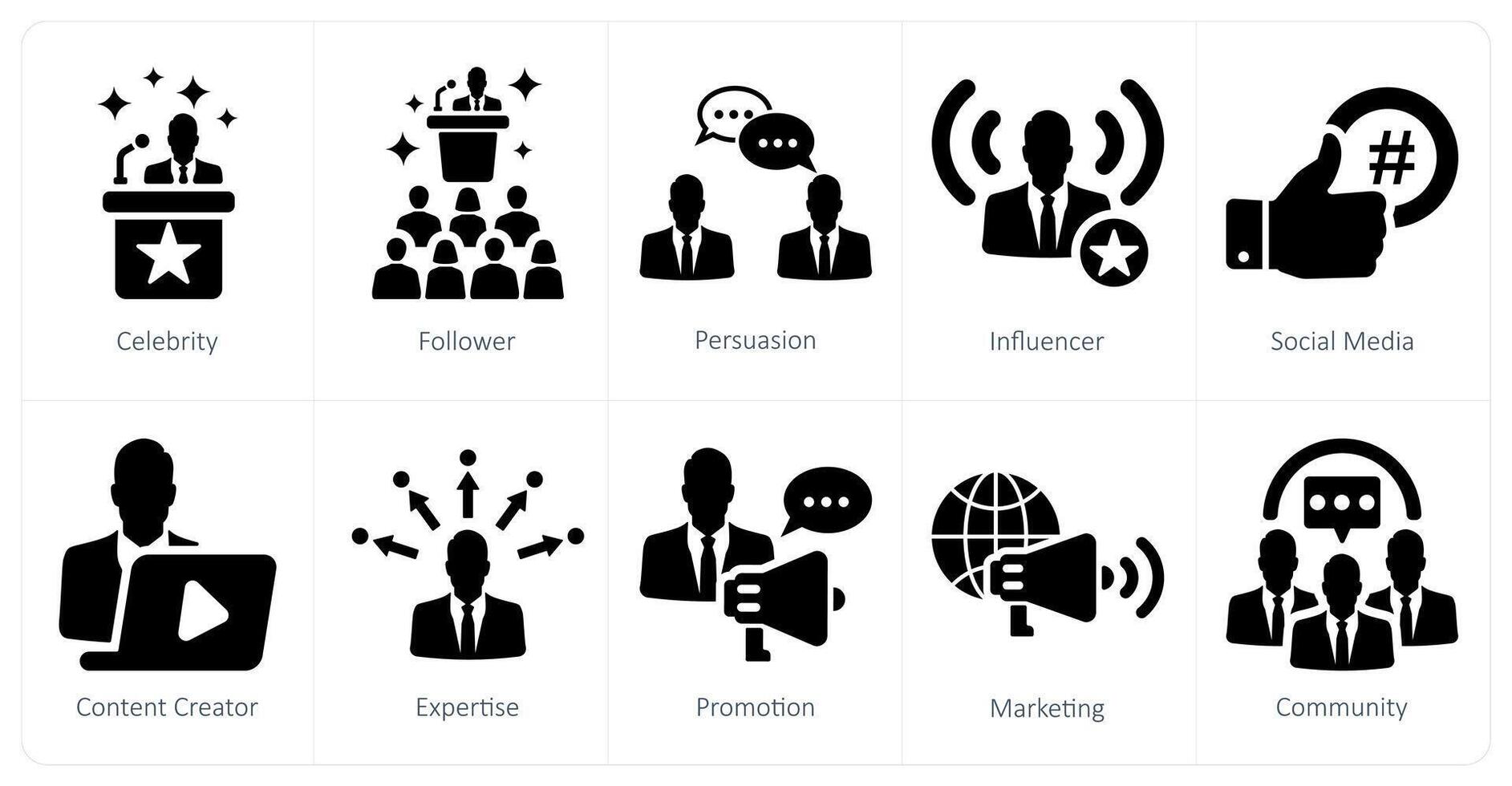 A set of 10 influencer icons as celebrity, follower, persuasion vector