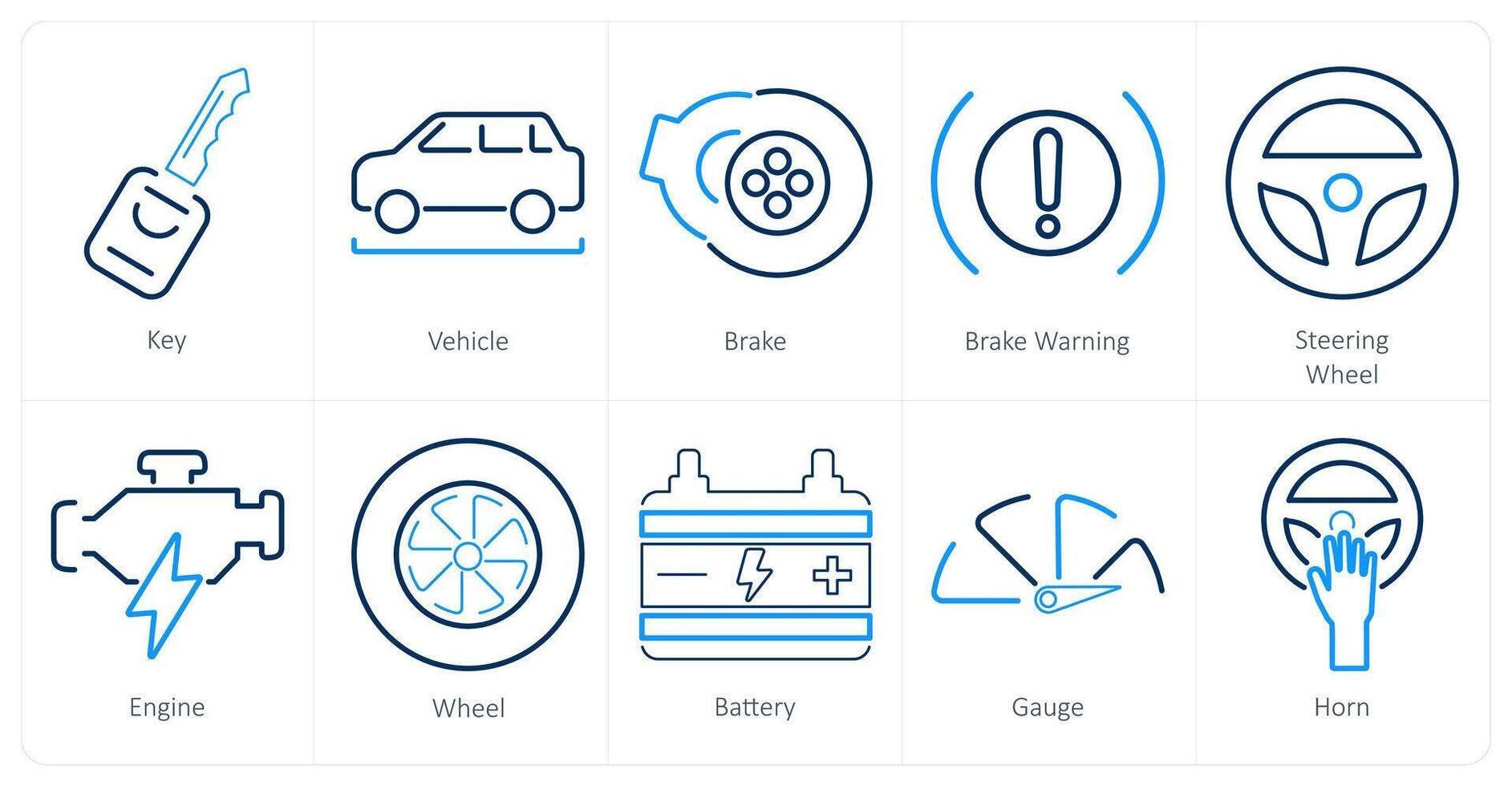 A set of 10 car icons as key, vehicle, brake vector