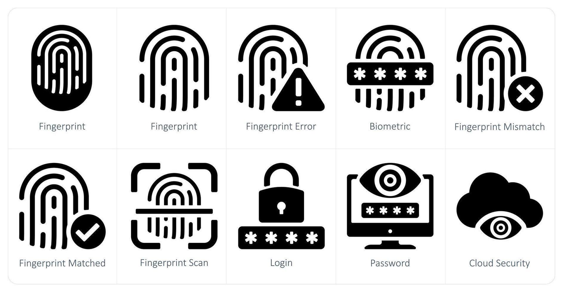 un conjunto de 10 seguridad íconos como huella dactilar, huella dactilar error, biométrico vector