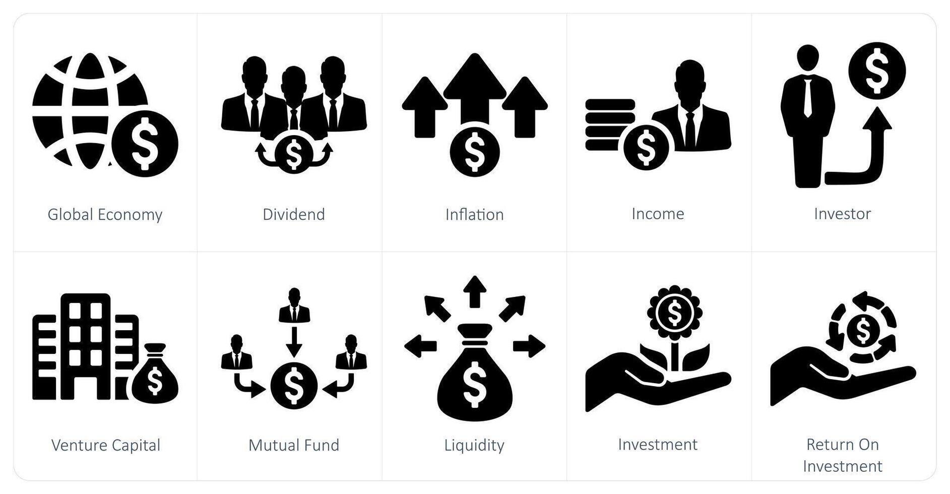 A set of 10 investment icons as global economy, dividend, inflation vector