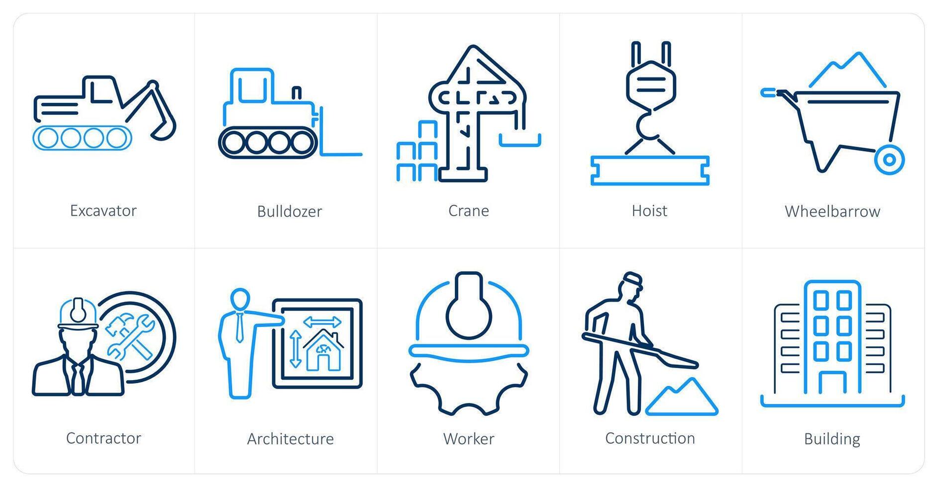 A set of 10 build icons as excavator, bulldozer, crane vector