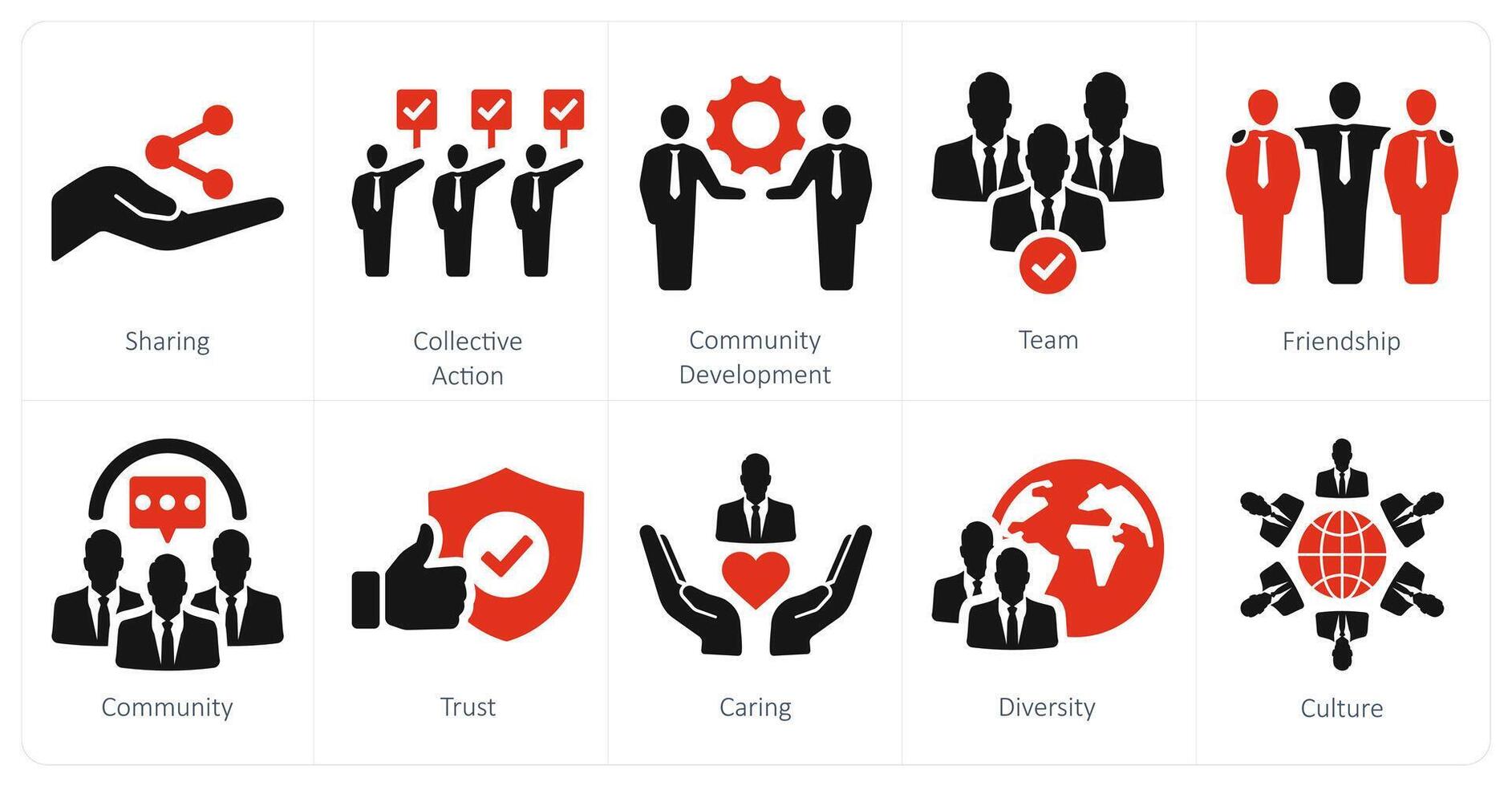 A set of 10 community icons as sharing, collective action, community development vector