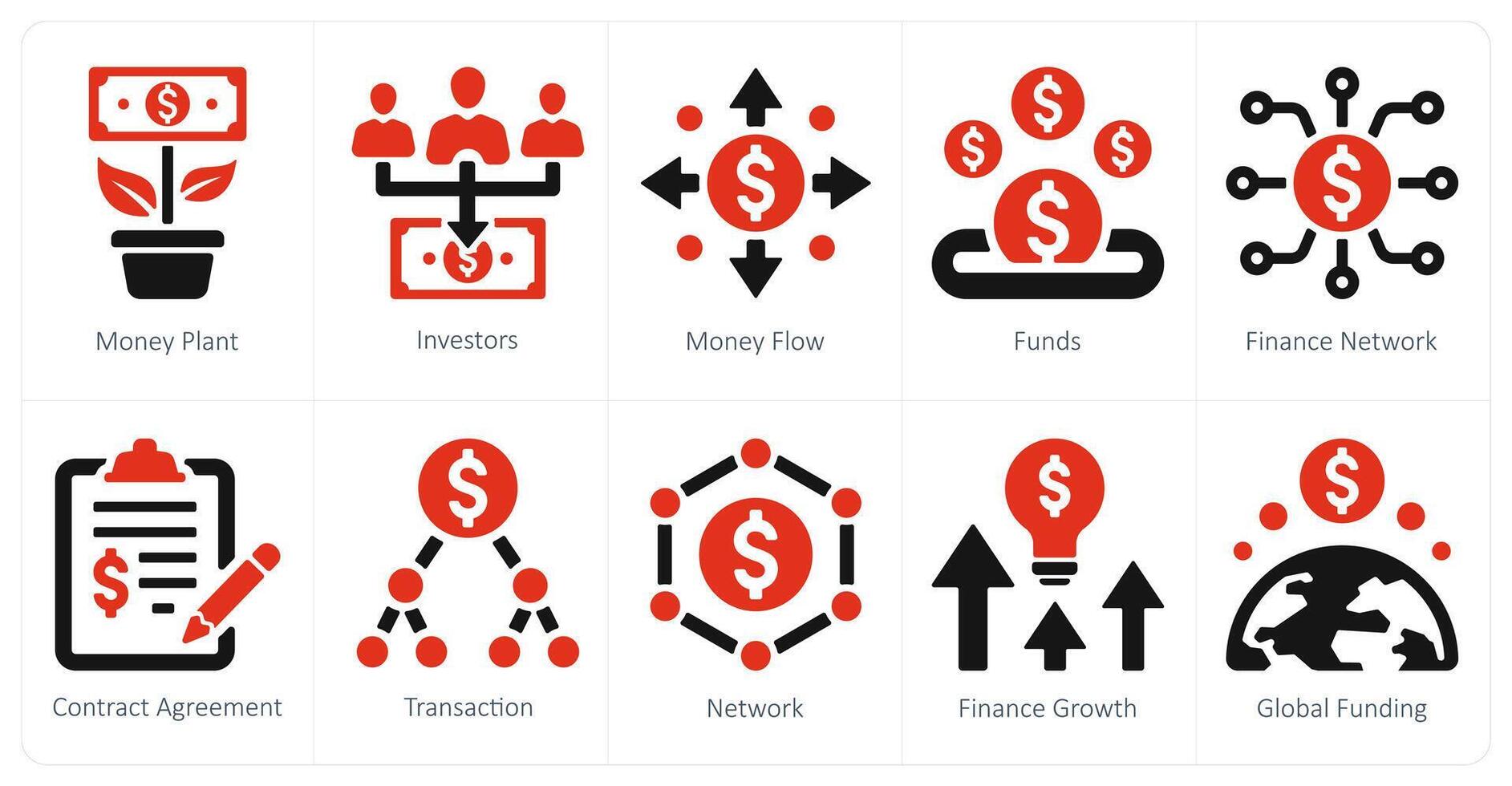 A set of 10 crowdfunding and donation icons as money plant, investors, money flow vector