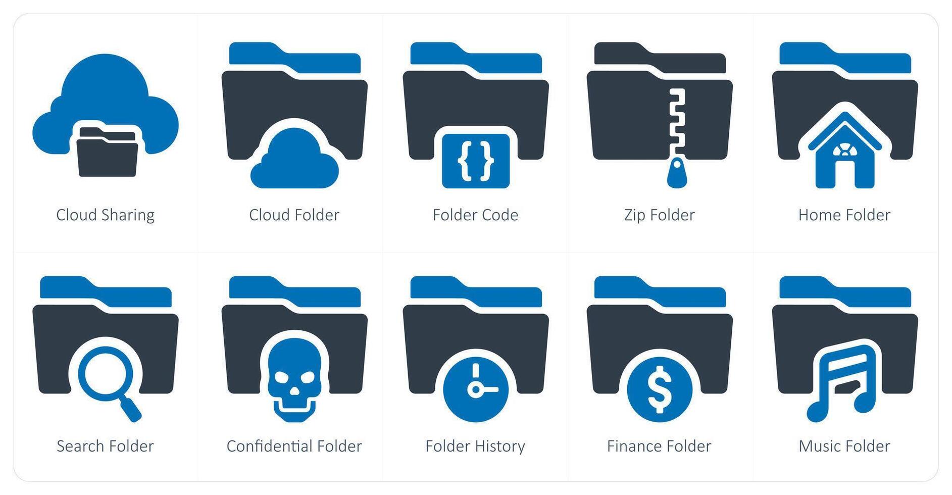 A set of 10 Folder icons as cloud sharing, cloud folder, folder code vector