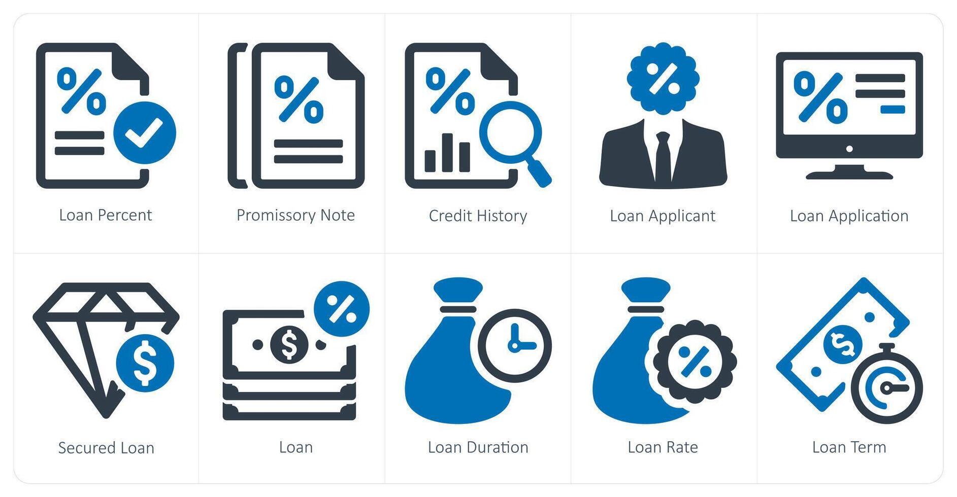 A set of 10 Loan and Debt icons as loan percent, promissory note, credit history vector