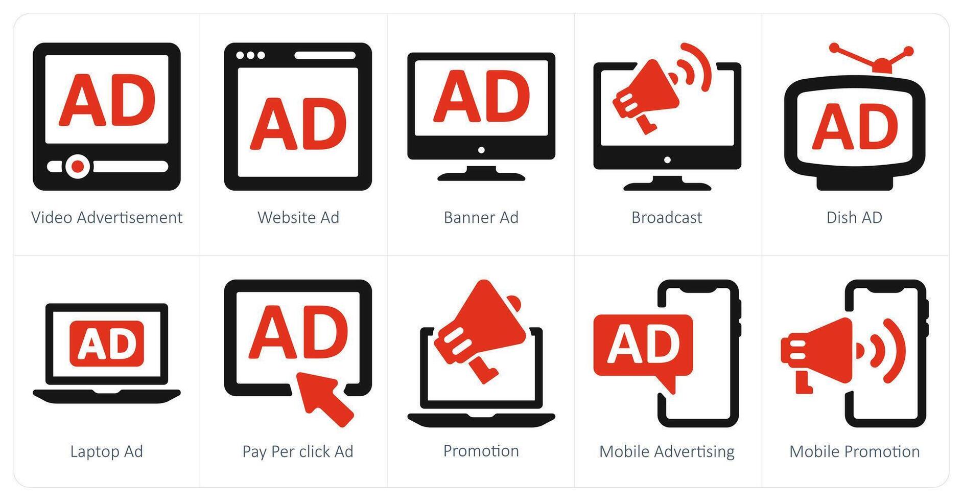A set of 10 ads and marketing icons as pay per click ad, website ad, banner ad vector
