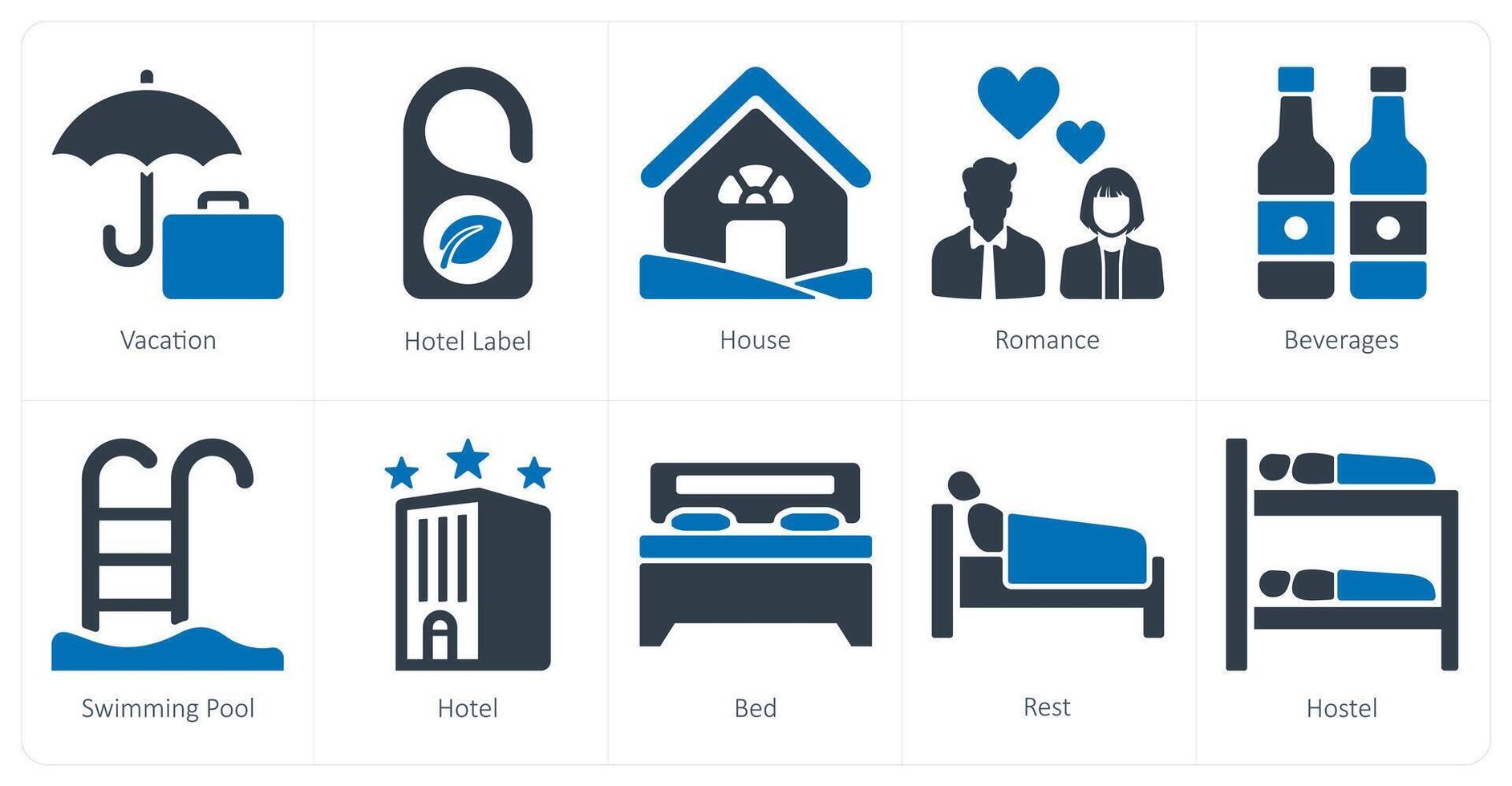 A set of 10 Travel and vacation icons as vacation, hotel label, house vector