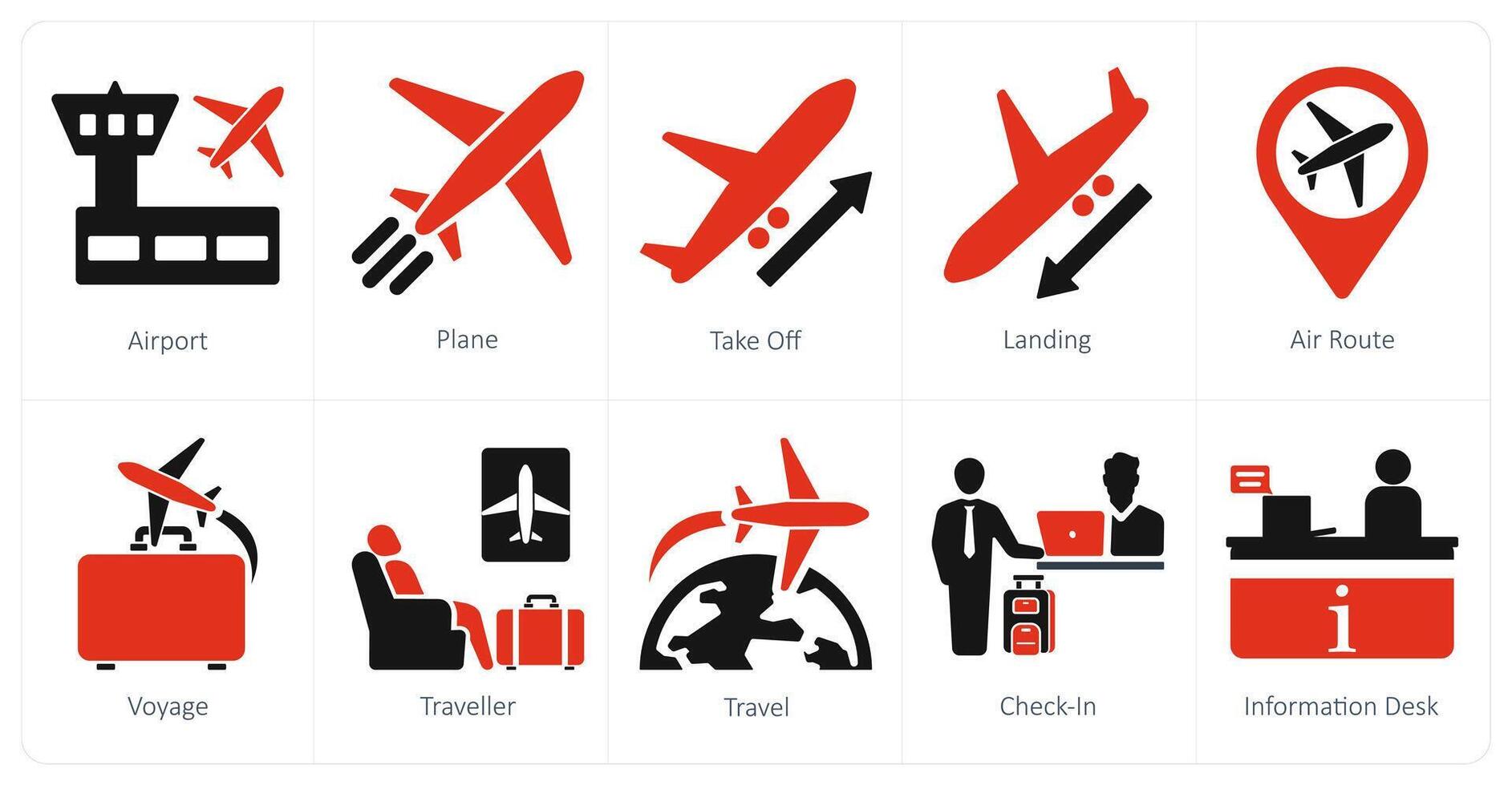 un conjunto de 10 aeropuerto íconos como aeropuerto, avión, quitarse vector