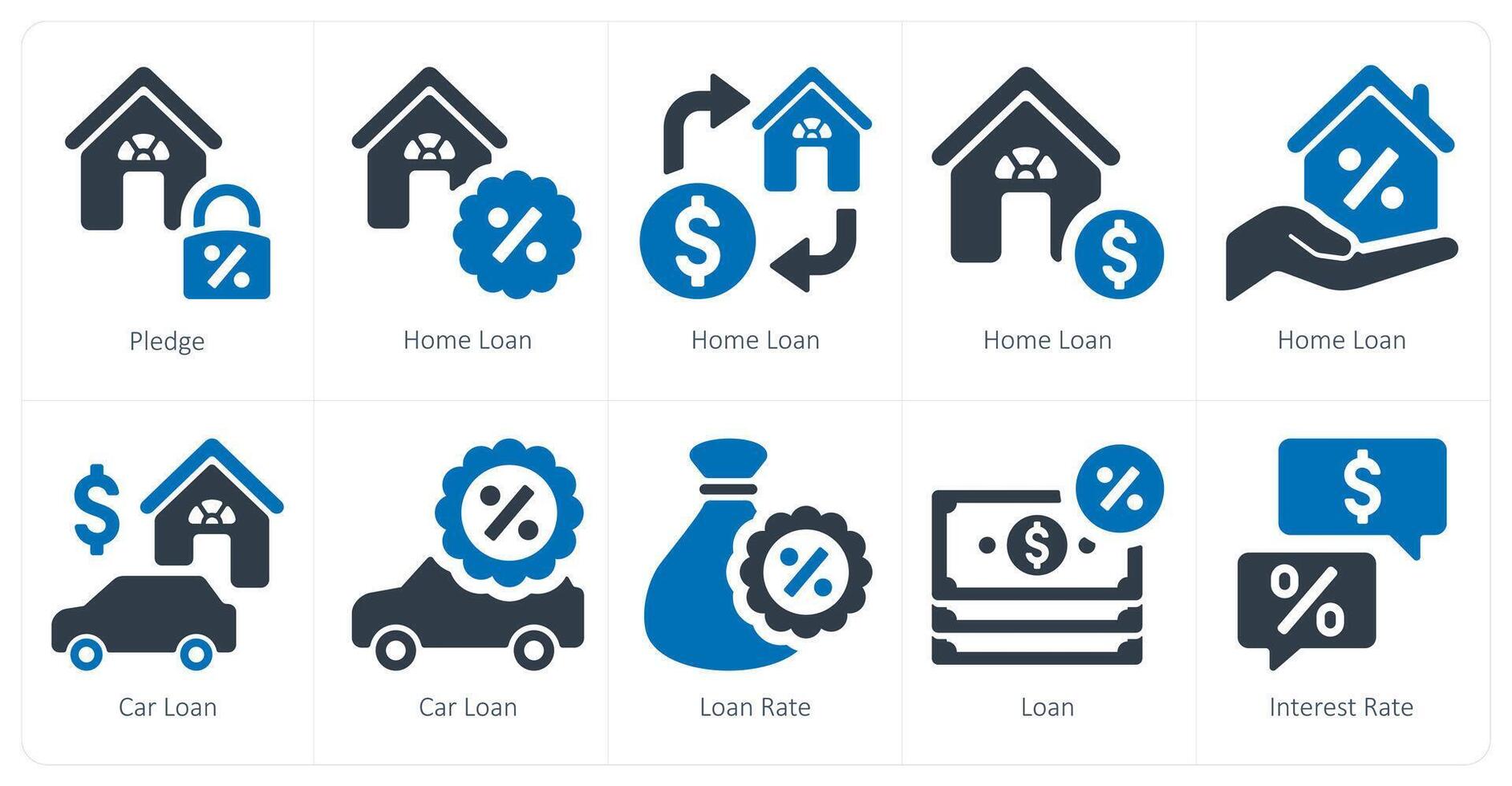 A set of 10 Loan and Debt icons as pledge, home loan, car loan vector