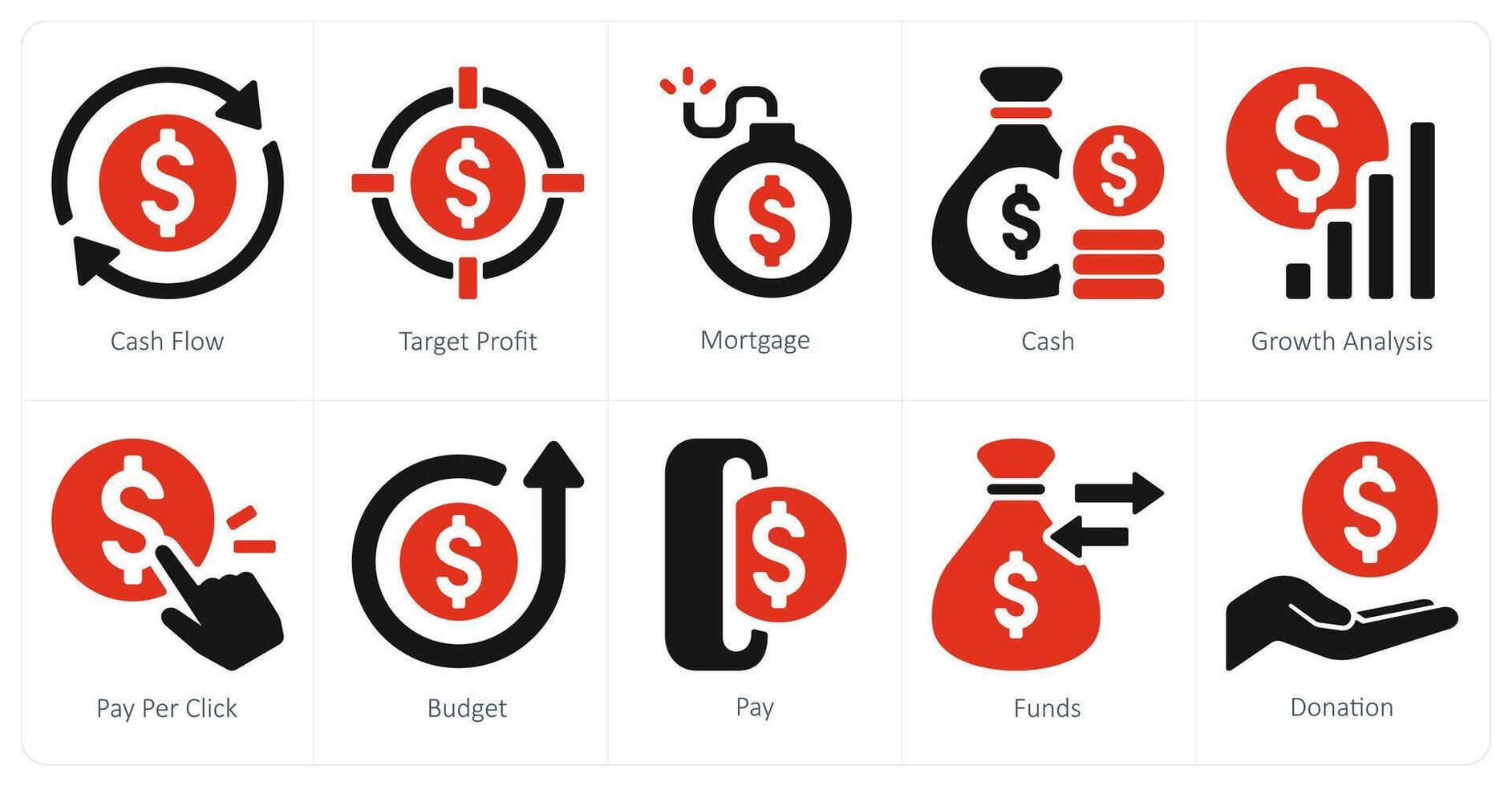 A set of 10 finance icons as cash flow, target profit, mortgage vector