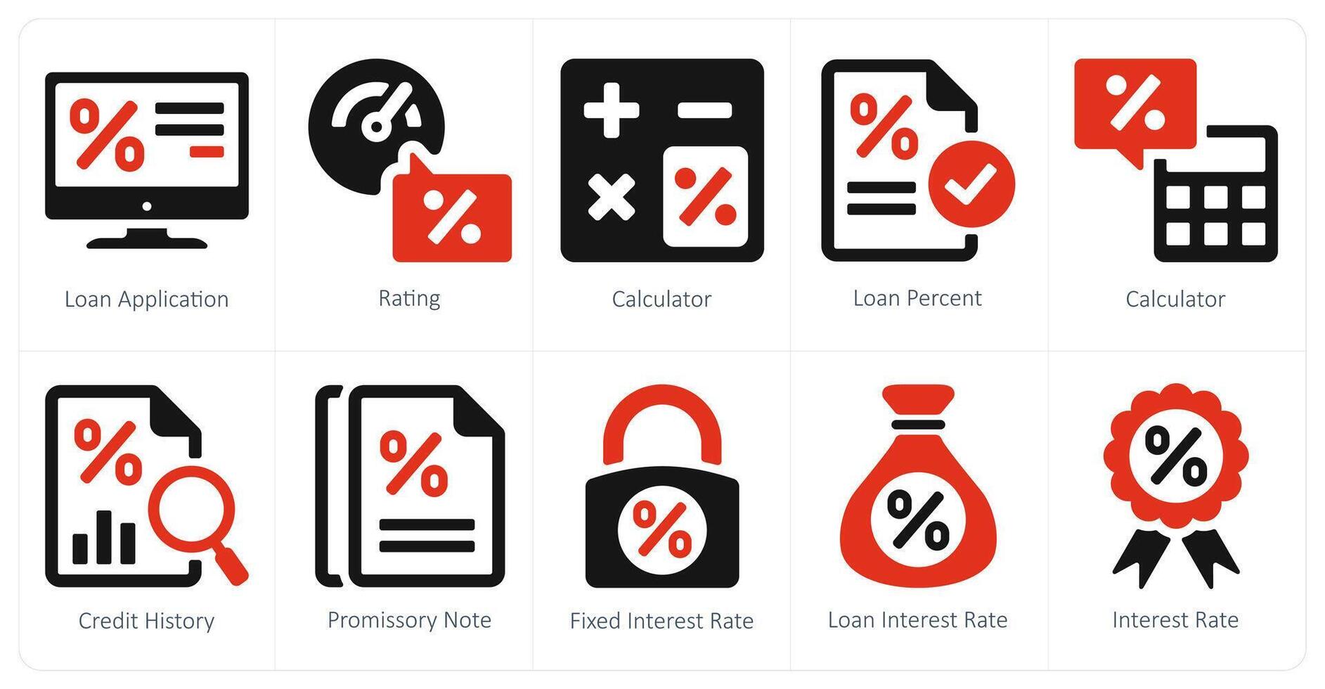 A set of 10 Loan and Debt icons as loan application, rating, calculator vector