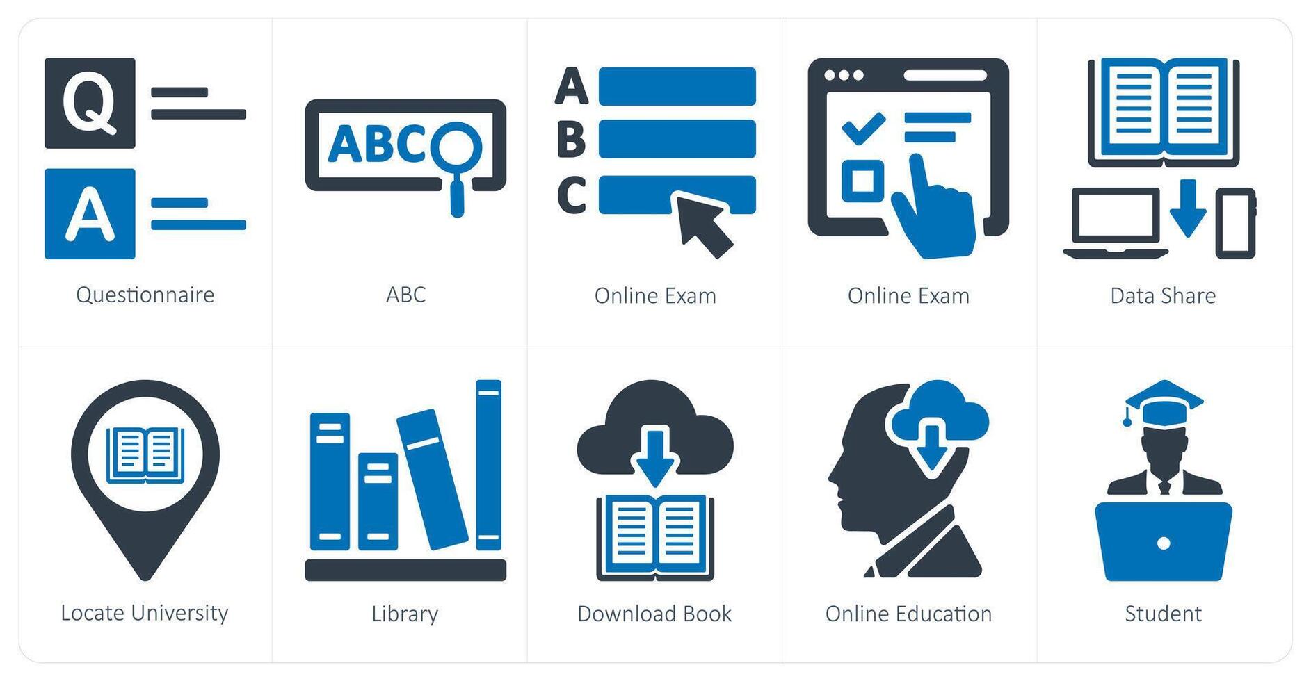 un conjunto de 10 educación en línea íconos como cuestionario, a B C, en línea examen vector