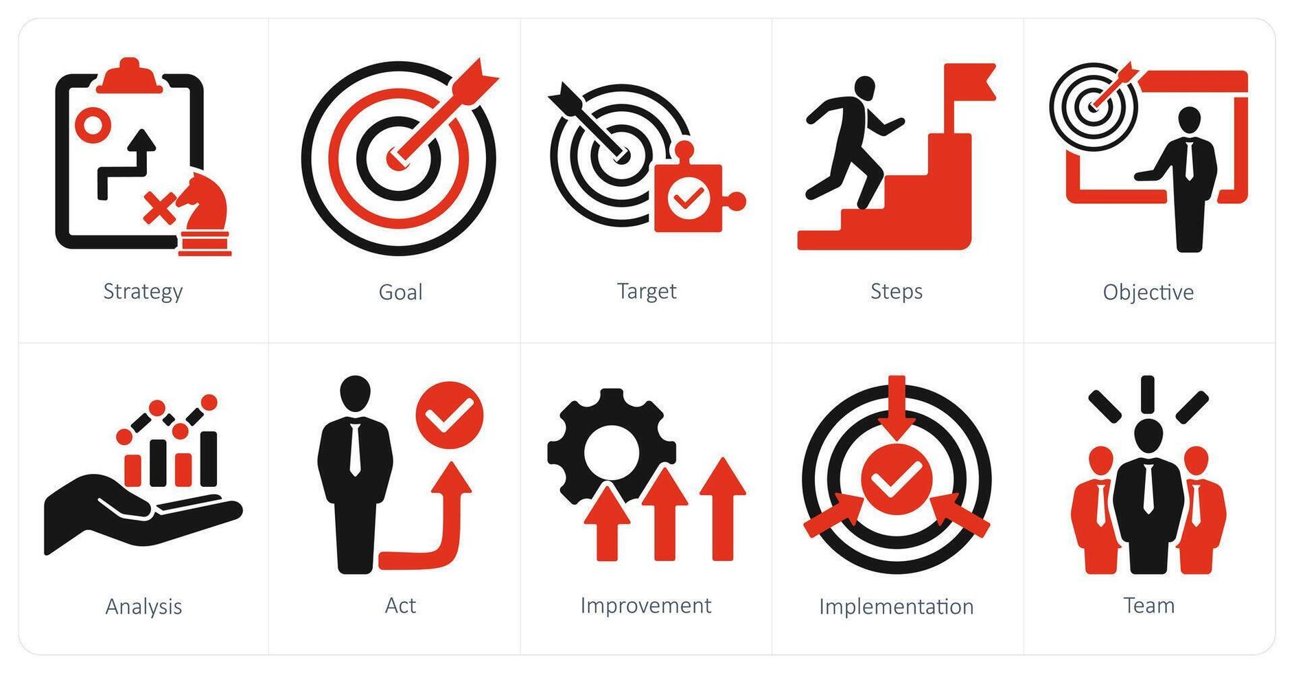 un conjunto de 10 acción plan íconos como estrategia, meta, objetivo vector